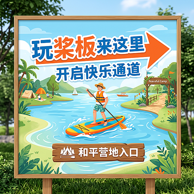 设计一张和平营地入口指引提示画面，横版尺寸2米×2米。玩法指引风格，清晰引导人流。背景清新自然，采用浅蓝水域搭配浅绿岸滩，营造户外休闲氛围。主视觉展示彩色桨板插画放在画面中心位置，文字排版：顶部醒目大字"玩桨板来这里"，箭头指向入口方向，中部说明"开启快乐通道"，底部标注和平营地入口，整体清晰易懂自然和谐。