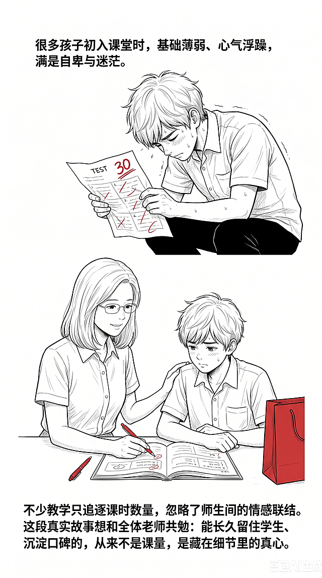 纯白极简条漫风格，干净黑色实线描边，黑白线稿为主，少量浅灰平涂阴影，纯白色背景，无多余杂物和纹理；仅红色礼袋、红钢笔为朱砂红色高亮，严格控制色彩；画面留白充足，适合后期添加文字；教育类正式沉稳风格，人物写实柔和，非Q版、非夸张日式漫画，高清干净。这是第2屏・故事开篇，上下两个小分镜：上格学生低头面对低分试卷，局促自卑；下格老师指着错题耐心讲解，红钢笔搭在作业本上。文案：“很多孩子初入课堂时，基础薄弱、心气浮躁，满是自卑与迷茫。不少教学只追逐课时数量，忽略了师生间的情感联结。这段真实故事想和全体老师共勉：能长久留住学生、沉淀口碑的，从来不是课量，是藏在细节里的真心。”