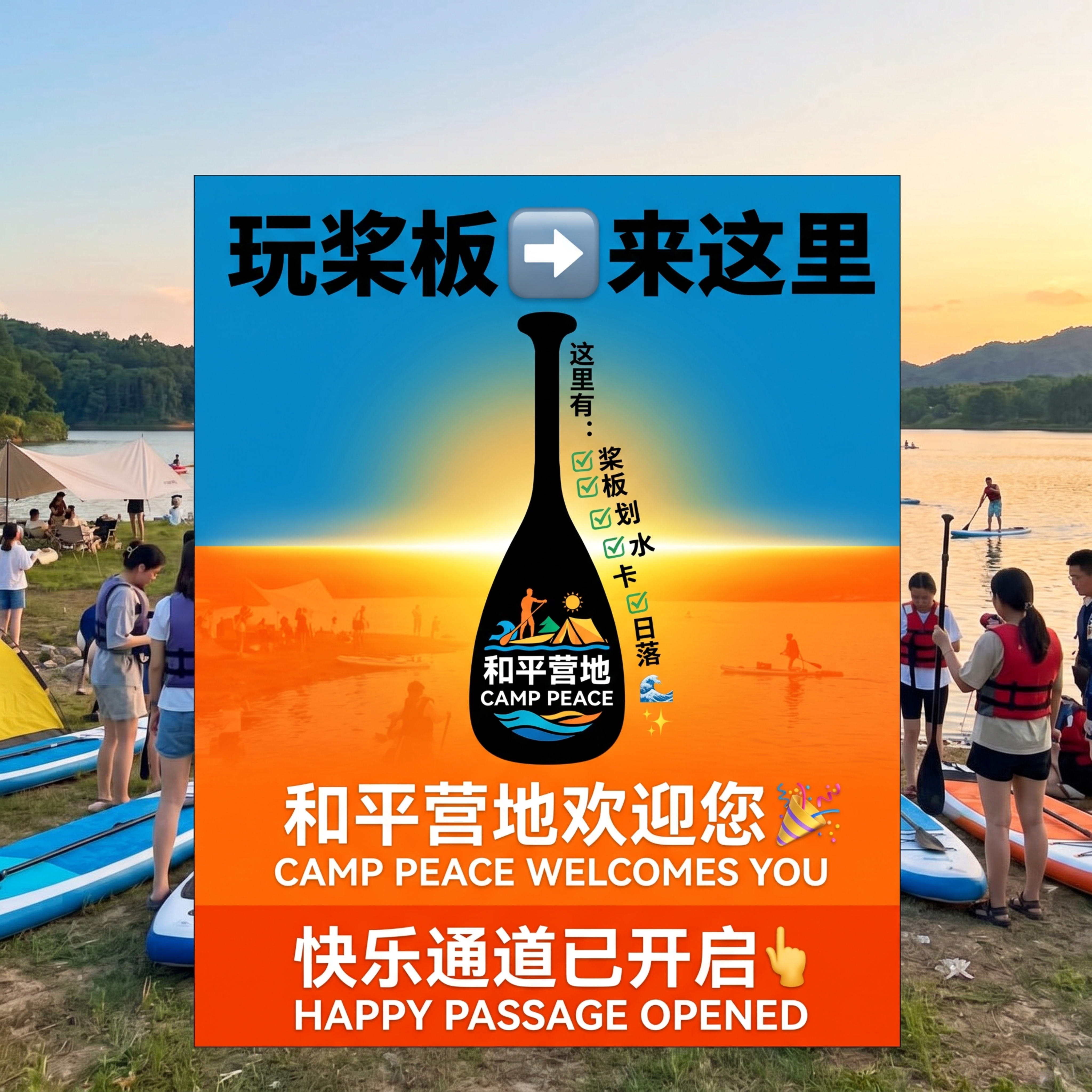 设计一张和平营地入口指引提示画面，横版尺寸2米×2米。潮流打卡… - 图片创意预览
