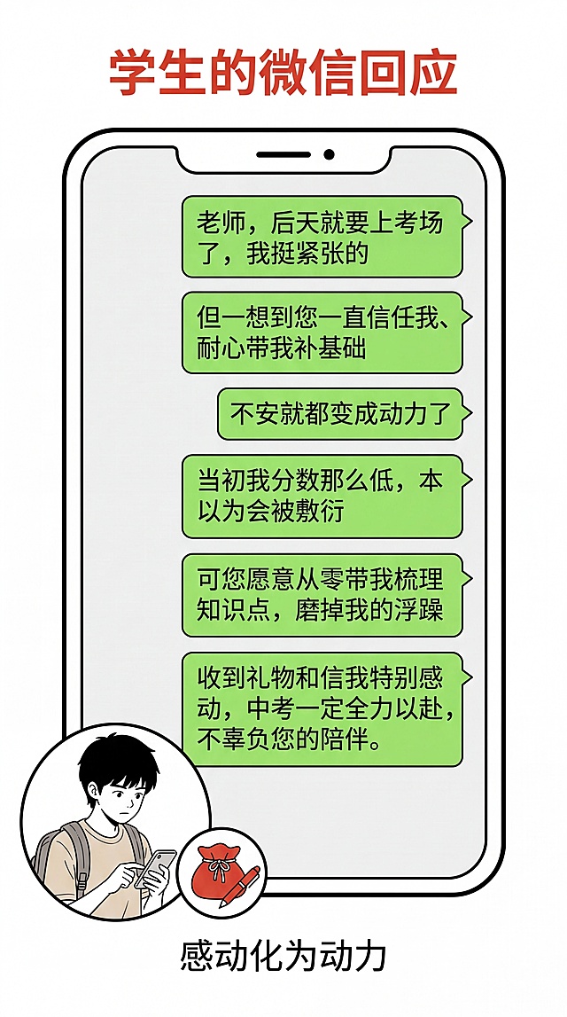 纯白极简教育条漫风格，干净黑色实线描边，黑白线稿为主，少量浅灰平涂阴影，纯白色背景，无多余杂物和纹理；仅红色礼袋、红钢笔为朱砂红色高亮，严格控制色彩；画面留白充足，适合后期添加文字；教育类正式沉稳风格，人物写实柔和，非Q版、非夸张日式漫画，高清。竖版H5页面构图，中央放置一个竖向漫画化手机聊天框，手机框为圆角矩形，黑色细描边，内部是简洁的微信聊天界面。手机界面上只显示学生发送的绿色聊天气泡，气泡全部右对齐，不显示老师回复，不显示复杂聊天列表。手机内预留6条绿色气泡位置，气泡内容分别为：“老师，后天就要上考场了，我挺紧张的”“但一想到您一直信任我、耐心带我补基础”“不安就都变成动力了”“当初我分数那么低，本以为会被敷衍”“可您愿意从零带我梳理知识点，磨掉我的浮躁”“收到礼物和信我特别感动，中考一定全力以赴，不辜负您的陪伴。”手机框左下角放一个学生低头打字的小头像，学生为15岁初三男生，黑色短碎发，米色短袖T恤，背着灰色帆布书包，神情认真克制。小头像旁边放一个小型红色礼袋图标，礼袋为朱砂红色。页面顶部预留标题区，标题文字为“学生的微信回应”，使用朱砂红加粗字体。页面底部预留总结区，文字为“感动化为动力”，使用黑色细体字。整体要求：手机框清晰，气泡排版整齐，学生头像与人物设定一致，红色礼袋作为视觉点缀，背景保持纯白，不要生成真实微信截图，不要添加多余按钮、表情、广告、图标或乱码文字。