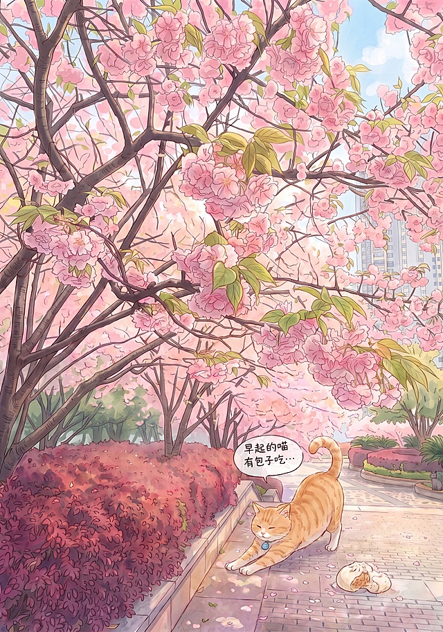 「图片1」「图片1」参考图1是樱花长廊场景，参考图2是小猫外形。将参考图2的橘白猫（左耳V形缺口，戴蓝色工牌）放到参考图1的樱花长廊中，清晨猫咪伸懒腰，尾巴翘起，地上有咬过的包子，晨光透过樱花洒下金色光斑，宫崎骏吉卜力动画风格，温暖治愈，柔和色彩，细腻线条，手写文字气泡“早起的喵有包子吃…”，4K高清，A3大小