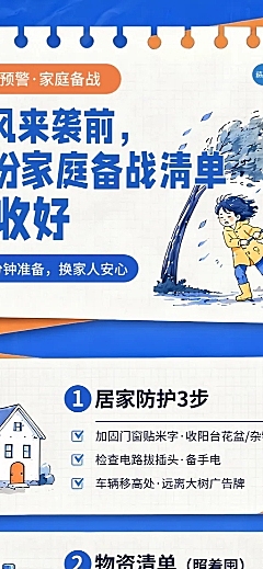 台风本地服务家庭备战指南温馨实用手绘手账撕纸风朋友圈公告长图海报
