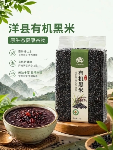 [第1屏] 详情页头图-洋县有机黑米产品科普宣传海报
[氛围/风格] 生态绿色高级风，自然清新，商业摄影质感，干净简约正式
[元素布局] 真空包装有机黑米置于画面右侧中下，占比约65%；左侧预留主副标预览效果