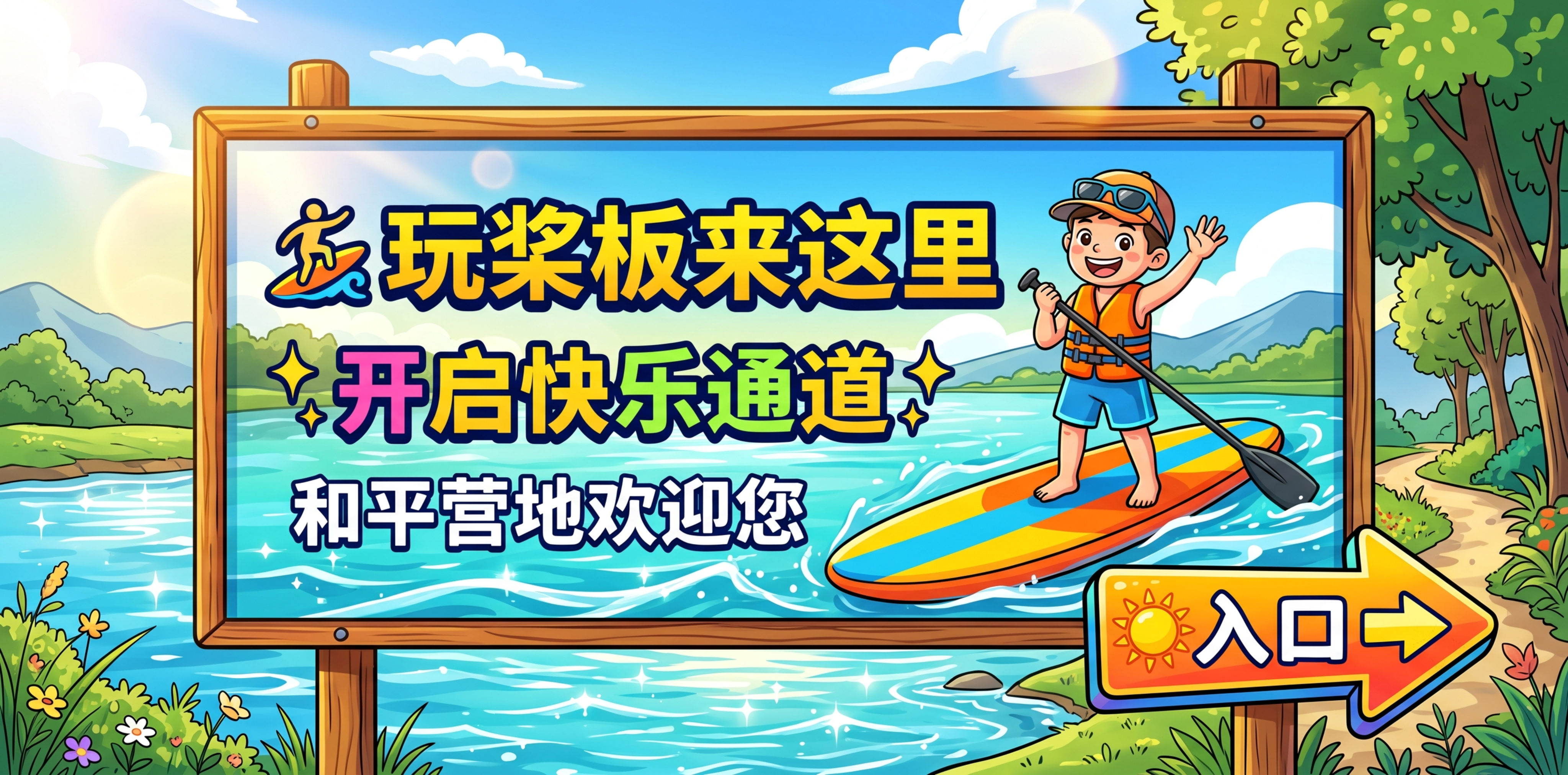 横版户外指示牌，背景是渐变蓝天白云，底部是碧绿的流溪河水面波纹… - 图片创意预览