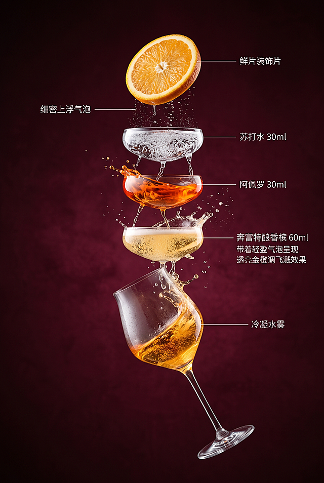 科技可视化的阿佩罗橙光鸡尾酒爆炸分解示意图，倾斜 45 度悬空，垂直中心轴分层悬空排列，所有调酒原料沿Tulip郁金香大肚香槟杯的中心轴垂直展开，与杯中位置精准对齐。从上到下依次悬浮：鲜橙装饰片、细密上浮气泡、苏打水 30ml、阿佩罗 30ml、奔富特酿香槟 60ml、Tulip郁金香杯，酒液带着轻盈气泡呈现透亮金橙调飞溅效果，细碎气泡液丝连接各层。背景为#a21d34酒红色渐变背景，专业棚拍侧逆光 + 柔光布光，突出奔富特酿香槟澄澈透亮的酒体质感、阿佩罗鲜亮柔和的橙调光泽、苏打绵密细腻的气泡纹理以及鲜橙片果皮清晰的肌理纹路，色彩自然高级，拒绝过度饱和。画面中每个原料旁配有白色细线 + 中文标注（如 “奔富特酿香槟 60ml”“阿佩罗 30ml”“苏打水 30ml”“橙片装饰”），字体清晰工整，不遮挡主体。4K 超写实美食摄影，细节拉满，杯壁轻薄冷凝水雾、酒面灵动气泡、橙片果肉脉络全部细致呈现，整体呈现与相机一致的未来科技感悬空分解效果。