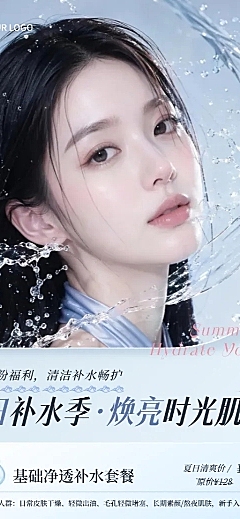 美业美容院医美清洁护肤补水水光肌门店夏季营销促销全屏海报