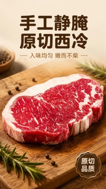 [第1屏] 详情页头图-静腌撒粉西冷牛排食欲氛围海报。本屏使用【图1】作为商品主体。
[氛围/风格] 生鲜美食风，突出新鲜牛肉纹理，浓郁食欲感，商业美食摄影质感，暖调自然光。
[元素布局] 西冷牛排放预览效果