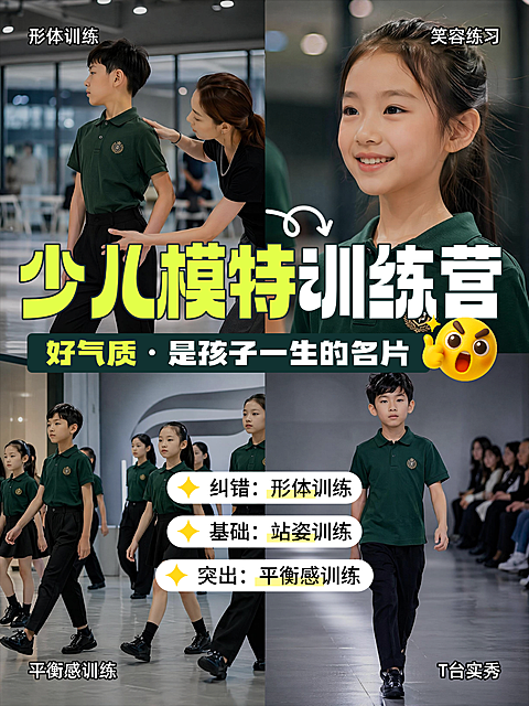 教育培训少儿模特训练营暑期托管艺术兴趣班四宫格小红书封面/配图拼图