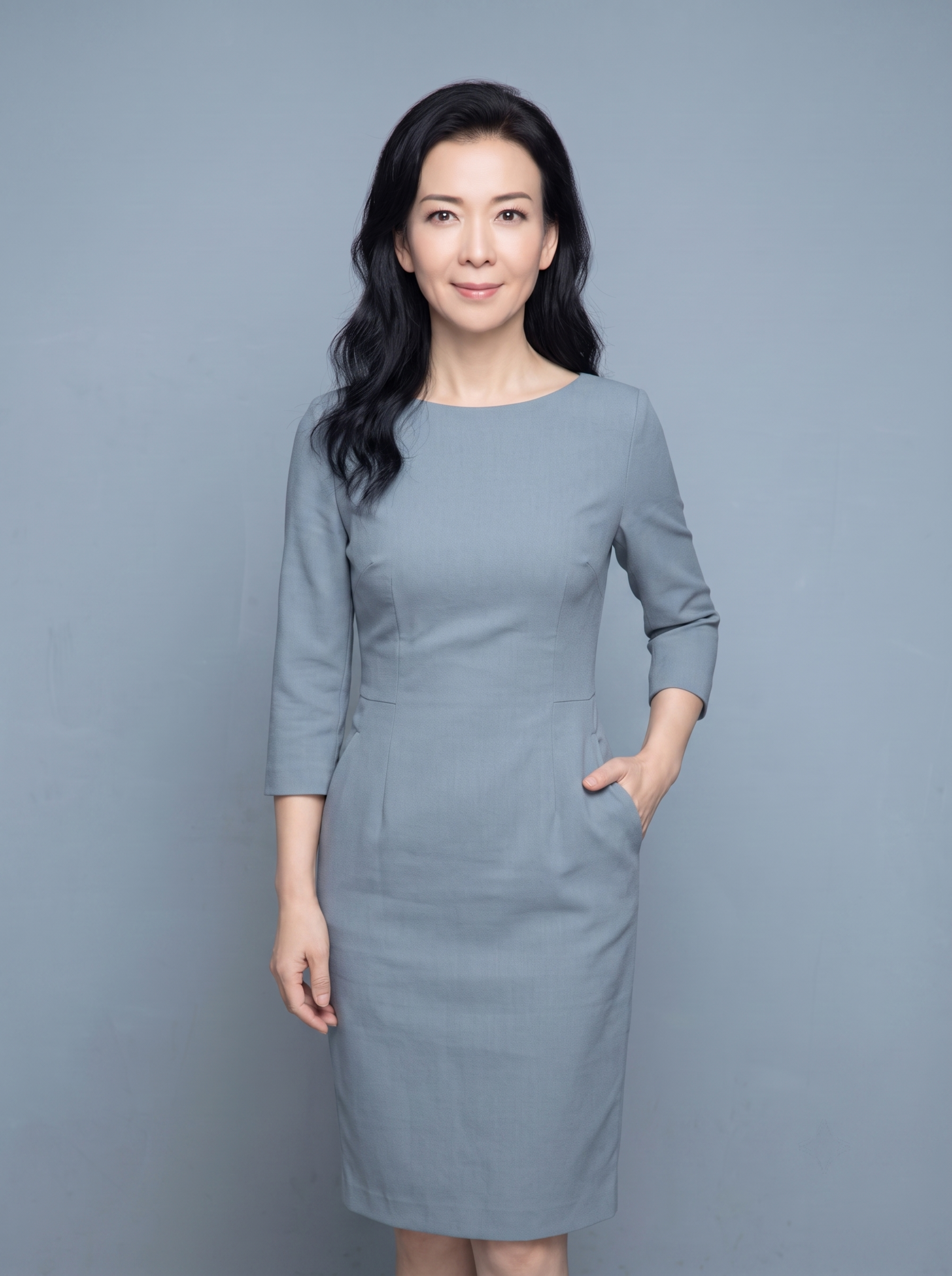 基于参考图修改，保留人物长相五官特征不变，将西装长裤更换为雾霾… - 图片创意预览