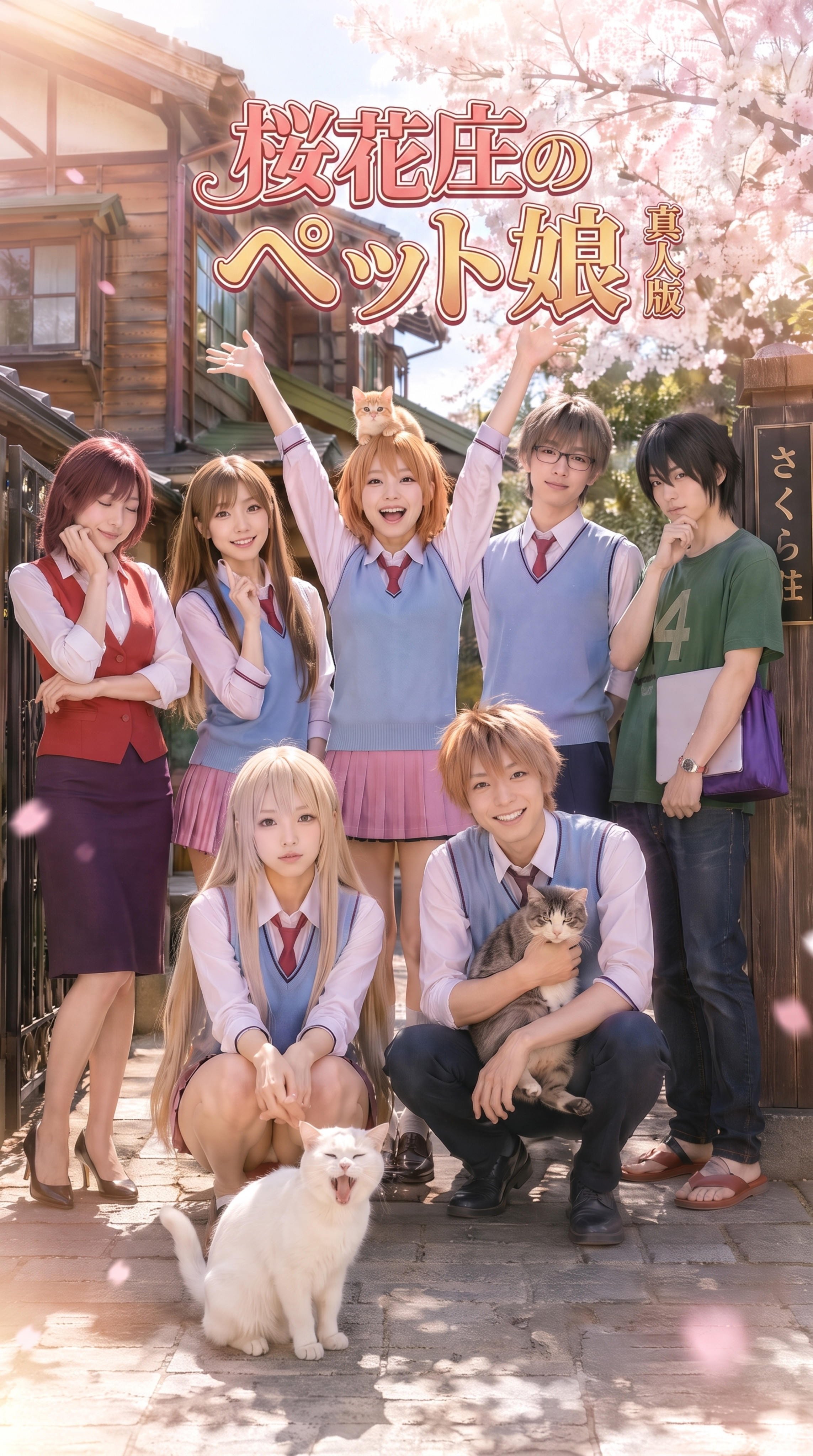 在图片上方添加文字“桜花庄のペット娘 真人版”，保留原图原有内… - 图片创意预览
