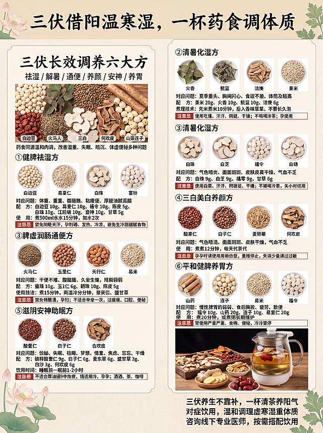 尺寸：A4 竖版（210mm×297mm），分上下两页独立海报，打印可直接拆分；风格：中式国风浅米宣纸底纹、青墨书法标题、药材实拍高清配图、三伏暖黄色暖调，适配养生馆 / 药店 / 朋友圈线下张贴
统一视觉规范
底色：浅杏宣纸肌理，边角淡荷花、艾草暗纹
字体：大标题毛笔书法黑字，症状 / 组方粗宋体，注意事项细灰宋体
配图规则：每款茶饮配对应原材实拍图，独立药材小图标注名称
主色调：暖姜黄、竹青、红枣红，契合三伏温阳祛湿核心
顶部统一 Slogan：三伏借阳温寒湿，一杯药食调体质
第一页海报（A4 第 1 页：五大专项调理茶・对症日常款）
页面分区布局（从上至下）
【头部主视觉区 占页面 1/6】
画面：左侧书法大字「三伏温阳五款调理代茶饮」，右侧配图：葛根、酸枣仁、干姜、玫瑰、黄芪五种核心药材平铺实拍图
文案顶部大字：三伏天阳气鼎盛，温阳散寒、健脾祛湿黄金期
小字副标题：肩颈 / 睡眠 / 脾胃 / 女性暖宫 / 提升免疫力，日常温水冲泡调理
板块 1：①肩颈腰劳损｜葛根解肌通络茶（配图：葛根 + 桑枝 + 生姜实拍组合图）
适用症状：久坐肩颈僵硬、腰背酸痛、遇寒加重
组方（配单味药材小图标注）：葛根 10g、桑枝 5g、生姜 3 片、去核大枣 2 枚、陈皮 3g
饮用方法：煮 10 分钟 / 焖泡 20 分钟，可续水 2-3 次
警示小字（浅红框）：阴虚火旺减生姜；孕妇、经量多慎用
板块 2：②睡眠情绪｜疏肝宁心安神茶（配图：酸枣仁、百合、玫瑰实拍）
适用症状：焦虑难眠、多梦易醒、心烦易怒
组方：捣碎炒酸枣仁 6g、干百合 8g、茯苓 5g、玫瑰 3g、桂圆 2 颗
饮用方法：沸水焖 15 分钟，睡前 1-2 小时温饮
警示：痰湿重、感冒发热暂停；孕妇忌，忌咖啡浓茶
板块 3：③脾胃代谢｜温脾消脂通润茶（配图：干姜、炒山楂、火麻仁实拍）
适用症状：脾胃虚寒、小腹怕冷、虚寒便秘、代谢缓慢
组方：干姜 3g、茯苓 6g、陈皮 5g、炒山楂 3g、打碎火麻仁 6g
饮用方法：加水 500ml 煮 12 分钟，种子打碎更好吸收
警示：胃热口臭不适用；孕妇禁用火麻仁
板块 4：④女性专属｜暖宫活血调经茶（配图：干姜、红枣、玫瑰、桂圆实拍）
适用症状：宫寒痛经、经血血块、小腹冷痛、经期畏寒
组方：干姜 3g、去核红枣 5 枚、玫瑰 3g、桂圆 5g、枸杞 3g、红糖 2 颗
饮用时间：经前 3-5 天每日一剂，经量多经期停用
警示：经量大、经期提前、孕妇禁用；糖尿病人去掉红糖
板块 5：⑤体质提升｜益气固表温阳茶（配图：黄芪、党参、红枣实拍）
适用症状：手脚冰凉、易感冒、吹空调不适、阳气不足
组方：黄芪 6g、党参 3g、生姜 3 片、去核红枣 3 枚、枸杞 3g
饮用时间：上午冲泡 / 煮 10 分钟，顺应阳气升发
警示：上火发烧暂停；血压不稳慎用黄芪、孕妇慎用
页面底部留白小字（第 1 页收尾）
温馨提示：所有茶饮温饮为佳，三伏少冰饮、生冷甜品，调理效果翻倍
第二页海报（A4 第 2 页：六款综合调理药食方・长效祛湿养颜）
页面分区布局（从上至下）
【头部主视觉区 占页面 1/6】
书法标题：三伏长效调养六大方｜祛湿 / 解暑 / 通便 / 养颜 / 安神 / 养胃
配图：白扁豆、藿香、火麻仁、三白药材、合欢皮、山药莲子组合全景药材图
小字导语：药食同源温和内调，改善湿重、失眠、暗沉、体虚便秘多种问题
板块 1：①健脾祛湿方（配图：白扁豆、薏米、白术、茯苓实拍）
对应问题：浑身困重、头沉腹胀、大便黏马桶、舌苔厚腻
组方：白扁豆 10g、薏苡仁 10g、茯苓 10g、陈皮 5g、白术 10g、姜厚朴 10g、党参 10g、甘草 5g
煎煮用法：500ml 水煮 15 分钟，续水 2 次
禁忌红框：阴虚盗汗禁用，孕妇、上火感冒暂停，忌生冷甜腻
板块 2：②清暑化湿方（配图：藿香、佩兰、桔梗、薏米实拍）
对应问题：夏季头重胸闷、恶心没胃口、身热黏腻
组方：薏米 20g、藿香 10g、佩兰 10g、桔梗 6g
煎煮技巧：薏米先煮 10 分钟，芳香药材后下，不宜久煎
禁忌：燥热大汗、阴虚口干慎用，不喝冰凉茶，孕妇慎用
板块 3：③脾虚润肠通便方（配图：火麻仁、郁李仁、甜杏仁实拍）
对应问题：大便干结、排便费力、久坐腹胀、便后乏力
组方：打碎火麻仁 10g、郁李仁 6g、炒白术 10g、陈皮 5g、打碎甜杏仁 6g、生甘草
用法：煮 15 分钟分两次温饮
禁忌：经常腹泻、孕妇禁用，实热口疮便秘不宜单用
板块 4：④三白美白养颜方（配图：白术、白芷、茯苓、白芍实拍）
对应问题：面色萎黄暗沉、色斑、皮肤干燥、气血不足
组方：白术 9g、白芷 9g、茯苓 9g、甘草 6g、白芍 6g
用法：煮 12 分钟，日常代茶
禁忌：孕妇慎用白芷，经期量大停用，过敏先少量试饮
板块 5：⑤滋阴安神助眠方（配图：酸枣仁、柏子仁、合欢皮实拍）
对应问题：心悸失眠、浅眠多梦、心烦焦虑、健忘口干
组方：捣碎酸枣仁 9g、柏子仁 6g、麦冬 6g、生甘草 3g、白芍 3g、合欢皮 6g
饮用时机：睡前 1-2 小时煮饮
禁忌：舌苔厚腻痰多者不适合，感冒、孕期慎用，忌酒茶咖啡
板块 6：⑥平和健脾养胃方（配图：山药、莲子、薏米、茯苓实拍）
对应问题：长期脾胃虚弱、饭后腹胀、易疲惫、大便稀溏
组方：茯苓 10g、山药 20g、莲子 10g、薏苡仁 20g
用法：煮 20 分钟，亦可煮粥长期调养
禁忌：胃火重、积食便秘人群慎用，感冒期间暂停
第二页页面底部收尾板块（通栏）
右下角配图：整套养生壶 + 各类干药材合集实拍图
底部宣传文案：
三伏养生不靠补，一杯清茶养阳气
对症饮用，温和调理虚寒湿重体质
咨询线下专业医师，按需搭配饮用
配套物料药材配图要求（海报嵌入小图）
每一味中药材单独高清实拍图，底色纯白，裁切方形小缩略图，标注药材名称小字；
组合茶饮搭配全景图，草本干净无杂物，自然光暖光拍摄；
种子类（酸枣仁、火麻仁、郁李仁）补充「打碎」特写示意图；
芳香药材藿香、佩兰单独配图，标注「不宜久煎」提示图；
红枣分去核实拍图，生姜切片实拍图，区分细节。
生成2个图片每页一张