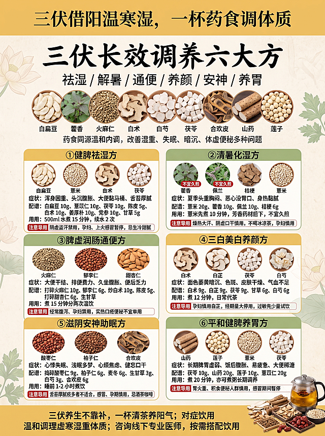 重新生成一样的风格，文字绝对准确：所有标题、正文、备注、剂量、标点、括号注释 100% 严格沿用用户提供的三伏代茶饮原文，一字不增、不减、不改、不缩写，序号、语序完全保持原样；禁止 AI 自主生成、改写、精简任何文本内容。
字体完整合规：全部选用支持全中文生僻字的商用标准字体，禁止出现缺字、缺笔画、字形扭曲、笔画粘连、方块乱码、拼音替代、英文乱码等问题；藿香、佩兰、姜厚朴、火麻仁、郁李仁等中药材名称笔画完整无缺失。
排版零溢出：所有文字严格控制在对应板块边框内，禁止文字溢出、重叠、截断、行间距错乱、同层级字号不统一；标题、正文、注意事项层级分明，字体样式前后一致。
印刷级清晰度：画面 300DPI 分辨率，文字边缘锐利无模糊、发虚、重影、晕染；深色文字与浅色背景对比度充足，保证正常距离清晰可读。