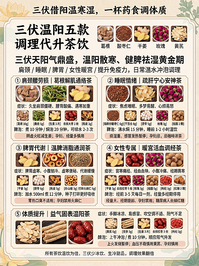 尺寸：A4 竖版（210mm×297mm），分上下两页独立海报，打印可直接拆分；风格：中式国风浅米宣纸底纹、青墨书法标题、药材实拍高清配图、三伏暖黄色暖调，适配养生馆 / 药店 / 朋友圈线下张贴
统一视觉规范
底色：浅杏宣纸肌理，边角淡荷花、艾草暗纹
字体：大标题毛笔书法黑字，症状 / 组方粗宋体，注意事项细灰宋体
配图规则：每款茶饮配对应原材实拍图，独立药材小图标注名称
主色调：暖姜黄、竹青、红枣红，契合三伏温阳祛湿核心
顶部统一 Slogan：三伏借阳温寒湿，一杯药食调体质
第一页海报（A4 第 1 页：五大专项调理茶・对症日常款）
页面分区布局（从上至下）
【头部主视觉区 占页面 1/6】
画面：左侧书法大字「三伏温阳五款调理代茶饮」，右侧配图：葛根、酸枣仁、干姜、玫瑰、黄芪五种核心药材平铺实拍图
文案顶部大字：三伏天阳气鼎盛，温阳散寒、健脾祛湿黄金期
小字副标题：肩颈 / 睡眠 / 脾胃 / 女性暖宫 / 提升免疫力，日常温水冲泡调理
板块 1：①肩颈腰劳损｜葛根解肌通络茶（配图：葛根 + 桑枝 + 生姜实拍组合图）
适用症状：久坐肩颈僵硬、腰背酸痛、遇寒加重
组方（配单味药材小图标注）：葛根 10g、桑枝 5g、生姜 3 片、去核大枣 2 枚、陈皮 3g
饮用方法：煮 10 分钟 / 焖泡 20 分钟，可续水 2-3 次
警示小字（浅红框）：阴虚火旺减生姜；孕妇、经量多慎用
板块 2：②睡眠情绪｜疏肝宁心安神茶（配图：酸枣仁、百合、玫瑰实拍）
适用症状：焦虑难眠、多梦易醒、心烦易怒
组方：捣碎炒酸枣仁 6g、干百合 8g、茯苓 5g、玫瑰 3g、桂圆 2 颗
饮用方法：沸水焖 15 分钟，睡前 1-2 小时温饮
警示：痰湿重、感冒发热暂停；孕妇忌，忌咖啡浓茶
板块 3：③脾胃代谢｜温脾消脂通润茶（配图：干姜、炒山楂、火麻仁实拍）
适用症状：脾胃虚寒、小腹怕冷、虚寒便秘、代谢缓慢
组方：干姜 3g、茯苓 6g、陈皮 5g、炒山楂 3g、打碎火麻仁 6g
饮用方法：加水 500ml 煮 12 分钟，种子打碎更好吸收
警示：胃热口臭不适用；孕妇禁用火麻仁
板块 4：④女性专属｜暖宫活血调经茶（配图：干姜、红枣、玫瑰、桂圆实拍）
适用症状：宫寒痛经、经血血块、小腹冷痛、经期畏寒
组方：干姜 3g、去核红枣 5 枚、玫瑰 3g、桂圆 5g、枸杞 3g、红糖 2 颗
饮用时间：经前 3-5 天每日一剂，经量多经期停用
警示：经量大、经期提前、孕妇禁用；糖尿病人去掉红糖
板块 5：⑤体质提升｜益气固表温阳茶（配图：黄芪、党参、红枣实拍）
适用症状：手脚冰凉、易感冒、吹空调不适、阳气不足
组方：黄芪 6g、党参 3g、生姜 3 片、去核红枣 3 枚、枸杞 3g
饮用时间：上午冲泡 / 煮 10 分钟，顺应阳气升发
警示：上火发烧暂停；血压不稳慎用黄芪、孕妇慎用
页面底部留白小字（第 1 页收尾）
温馨提示：所有茶饮温饮为佳，三伏少冰饮、生冷甜品，调理效果翻倍
第二页海报（A4 第 2 页：六款综合调理药食方・长效祛湿养颜）
页面分区布局（从上至下）
【头部主视觉区 占页面 1/6】
书法标题：三伏长效调养六大方｜祛湿 / 解暑 / 通便 / 养颜 / 安神 / 养胃
配图：白扁豆、藿香、火麻仁、三白药材、合欢皮、山药莲子组合全景药材图
小字导语：药食同源温和内调，改善湿重、失眠、暗沉、体虚便秘多种问题
板块 1：①健脾祛湿方（配图：白扁豆、薏米、白术、茯苓实拍）
对应问题：浑身困重、头沉腹胀、大便黏马桶、舌苔厚腻
组方：白扁豆 10g、薏苡仁 10g、茯苓 10g、陈皮 5g、白术 10g、姜厚朴 10g、党参 10g、甘草 5g
煎煮用法：500ml 水煮 15 分钟，续水 2 次
禁忌红框：阴虚盗汗禁用，孕妇、上火感冒暂停，忌生冷甜腻
板块 2：②清暑化湿方（配图：藿香、佩兰、桔梗、薏米实拍）
对应问题：夏季头重胸闷、恶心没胃口、身热黏腻
组方：薏米 20g、藿香 10g、佩兰 10g、桔梗 6g
煎煮技巧：薏米先煮 10 分钟，芳香药材后下，不宜久煎
禁忌：燥热大汗、阴虚口干慎用，不喝冰凉茶，孕妇慎用
板块 3：③脾虚润肠通便方（配图：火麻仁、郁李仁、甜杏仁实拍）
对应问题：大便干结、排便费力、久坐腹胀、便后乏力
组方：打碎火麻仁 10g、郁李仁 6g、炒白术 10g、陈皮 5g、打碎甜杏仁 6g、生甘草
用法：煮 15 分钟分两次温饮
禁忌：经常腹泻、孕妇禁用，实热口疮便秘不宜单用
板块 4：④三白美白养颜方（配图：白术、白芷、茯苓、白芍实拍）
对应问题：面色萎黄暗沉、色斑、皮肤干燥、气血不足
组方：白术 9g、白芷 9g、茯苓 9g、甘草 6g、白芍 6g
用法：煮 12 分钟，日常代茶
禁忌：孕妇慎用白芷，经期量大停用，过敏先少量试饮
板块 5：⑤滋阴安神助眠方（配图：酸枣仁、柏子仁、合欢皮实拍）
对应问题：心悸失眠、浅眠多梦、心烦焦虑、健忘口干
组方：捣碎酸枣仁 9g、柏子仁 6g、麦冬 6g、生甘草 3g、白芍 3g、合欢皮 6g
饮用时机：睡前 1-2 小时煮饮
禁忌：舌苔厚腻痰多者不适合，感冒、孕期慎用，忌酒茶咖啡
板块 6：⑥平和健脾养胃方（配图：山药、莲子、薏米、茯苓实拍）
对应问题：长期脾胃虚弱、饭后腹胀、易疲惫、大便稀溏
组方：茯苓 10g、山药 20g、莲子 10g、薏苡仁 20g
用法：煮 20 分钟，亦可煮粥长期调养
禁忌：胃火重、积食便秘人群慎用，感冒期间暂停
第二页页面底部收尾板块（通栏）
右下角配图：整套养生壶 + 各类干药材合集实拍图
底部宣传文案：
三伏养生不靠补，一杯清茶养阳气
对症饮用，温和调理虚寒湿重体质
咨询线下专业医师，按需搭配饮用
配套物料药材配图要求（海报嵌入小图）
每一味中药材单独高清实拍图，底色纯白，裁切方形小缩略图，标注药材名称小字；
组合茶饮搭配全景图，草本干净无杂物，自然光暖光拍摄；
种子类（酸枣仁、火麻仁、郁李仁）补充「打碎」特写示意图；
芳香药材藿香、佩兰单独配图，标注「不宜久煎」提示图；
红枣分去核实拍图，生姜切片实拍图，区分细节。
生成2个图片每页一张