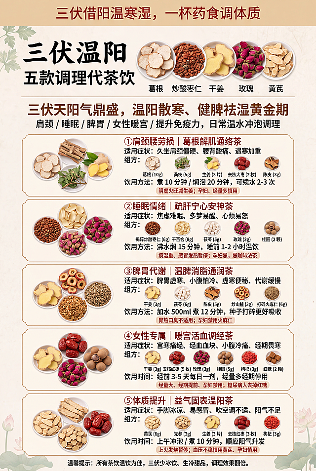 尺寸：A4 竖版（210mm×297mm），分上下两页独立海报，打印可直接拆分；风格：中式国风浅米宣纸底纹、青墨书法标题、药材实拍高清配图、三伏暖黄色暖调，适配养生馆 / 药店 / 朋友圈线下张贴
统一视觉规范
底色：浅杏宣纸肌理，边角淡荷花、艾草暗纹
字体：大标题毛笔书法黑字，症状 / 组方粗宋体，注意事项细灰宋体
配图规则：每款茶饮配对应原材实拍图，独立药材小图标注名称
主色调：暖姜黄、竹青、红枣红，契合三伏温阳祛湿核心
顶部统一 Slogan：三伏借阳温寒湿，一杯药食调体质
第一页海报（A4 第 1 页：五大专项调理茶・对症日常款）
页面分区布局（从上至下）
【头部主视觉区 占页面 1/6】
画面：左侧书法大字「三伏温阳五款调理代茶饮」，右侧配图：葛根、酸枣仁、干姜、玫瑰、黄芪五种核心药材平铺实拍图
文案顶部大字：三伏天阳气鼎盛，温阳散寒、健脾祛湿黄金期
小字副标题：肩颈 / 睡眠 / 脾胃 / 女性暖宫 / 提升免疫力，日常温水冲泡调理
板块 1：①肩颈腰劳损｜葛根解肌通络茶（配图：葛根 + 桑枝 + 生姜实拍组合图）
适用症状：久坐肩颈僵硬、腰背酸痛、遇寒加重
组方（配单味药材小图标注）：葛根 10g、桑枝 5g、生姜 3 片、去核大枣 2 枚、陈皮 3g
饮用方法：煮 10 分钟 / 焖泡 20 分钟，可续水 2-3 次
警示小字（浅红框）：阴虚火旺减生姜；孕妇、经量多慎用
板块 2：②睡眠情绪｜疏肝宁心安神茶（配图：酸枣仁、百合、玫瑰实拍）
适用症状：焦虑难眠、多梦易醒、心烦易怒
组方：捣碎炒酸枣仁 6g、干百合 8g、茯苓 5g、玫瑰 3g、桂圆 2 颗
饮用方法：沸水焖 15 分钟，睡前 1-2 小时温饮
警示：痰湿重、感冒发热暂停；孕妇忌，忌咖啡浓茶
板块 3：③脾胃代谢｜温脾消脂通润茶（配图：干姜、炒山楂、火麻仁实拍）
适用症状：脾胃虚寒、小腹怕冷、虚寒便秘、代谢缓慢
组方：干姜 3g、茯苓 6g、陈皮 5g、炒山楂 3g、打碎火麻仁 6g
饮用方法：加水 500ml 煮 12 分钟，种子打碎更好吸收
警示：胃热口臭不适用；孕妇禁用火麻仁
板块 4：④女性专属｜暖宫活血调经茶（配图：干姜、红枣、玫瑰、桂圆实拍）
适用症状：宫寒痛经、经血血块、小腹冷痛、经期畏寒
组方：干姜 3g、去核红枣 5 枚、玫瑰 3g、桂圆 5g、枸杞 3g、红糖 2 颗
饮用时间：经前 3-5 天每日一剂，经量多经期停用
警示：经量大、经期提前、孕妇禁用；糖尿病人去掉红糖
板块 5：⑤体质提升｜益气固表温阳茶（配图：黄芪、党参、红枣实拍）
适用症状：手脚冰凉、易感冒、吹空调不适、阳气不足
组方：黄芪 6g、党参 3g、生姜 3 片、去核红枣 3 枚、枸杞 3g
饮用时间：上午冲泡 / 煮 10 分钟，顺应阳气升发
警示：上火发烧暂停；血压不稳慎用黄芪、孕妇慎用
页面底部留白小字（第 1 页收尾）
温馨提示：所有茶饮温饮为佳，三伏少冰饮、生冷甜品，调理效果翻倍
第二页海报（A4 第 2 页：六款综合调理药食方・长效祛湿养颜）
页面分区布局（从上至下）
【头部主视觉区 占页面 1/6】
书法标题：三伏长效调养六大方｜祛湿 / 解暑 / 通便 / 养颜 / 安神 / 养胃
配图：白扁豆、藿香、火麻仁、三白药材、合欢皮、山药莲子组合全景药材图
小字导语：药食同源温和内调，改善湿重、失眠、暗沉、体虚便秘多种问题
板块 1：①健脾祛湿方（配图：白扁豆、薏米、白术、茯苓实拍）
对应问题：浑身困重、头沉腹胀、大便黏马桶、舌苔厚腻
组方：白扁豆 10g、薏苡仁 10g、茯苓 10g、陈皮 5g、白术 10g、姜厚朴 10g、党参 10g、甘草 5g
煎煮用法：500ml 水煮 15 分钟，续水 2 次
禁忌红框：阴虚盗汗禁用，孕妇、上火感冒暂停，忌生冷甜腻
板块 2：②清暑化湿方（配图：藿香、佩兰、桔梗、薏米实拍）
对应问题：夏季头重胸闷、恶心没胃口、身热黏腻
组方：薏米 20g、藿香 10g、佩兰 10g、桔梗 6g
煎煮技巧：薏米先煮 10 分钟，芳香药材后下，不宜久煎
禁忌：燥热大汗、阴虚口干慎用，不喝冰凉茶，孕妇慎用
板块 3：③脾虚润肠通便方（配图：火麻仁、郁李仁、甜杏仁实拍）
对应问题：大便干结、排便费力、久坐腹胀、便后乏力
组方：打碎火麻仁 10g、郁李仁 6g、炒白术 10g、陈皮 5g、打碎甜杏仁 6g、生甘草
用法：煮 15 分钟分两次温饮
禁忌：经常腹泻、孕妇禁用，实热口疮便秘不宜单用
板块 4：④三白美白养颜方（配图：白术、白芷、茯苓、白芍实拍）
对应问题：面色萎黄暗沉、色斑、皮肤干燥、气血不足
组方：白术 9g、白芷 9g、茯苓 9g、甘草 6g、白芍 6g
用法：煮 12 分钟，日常代茶
禁忌：孕妇慎用白芷，经期量大停用，过敏先少量试饮
板块 5：⑤滋阴安神助眠方（配图：酸枣仁、柏子仁、合欢皮实拍）
对应问题：心悸失眠、浅眠多梦、心烦焦虑、健忘口干
组方：捣碎酸枣仁 9g、柏子仁 6g、麦冬 6g、生甘草 3g、白芍 3g、合欢皮 6g
饮用时机：睡前 1-2 小时煮饮
禁忌：舌苔厚腻痰多者不适合，感冒、孕期慎用，忌酒茶咖啡
板块 6：⑥平和健脾养胃方（配图：山药、莲子、薏米、茯苓实拍）
对应问题：长期脾胃虚弱、饭后腹胀、易疲惫、大便稀溏
组方：茯苓 10g、山药 20g、莲子 10g、薏苡仁 20g
用法：煮 20 分钟，亦可煮粥长期调养
禁忌：胃火重、积食便秘人群慎用，感冒期间暂停
第二页页面底部收尾板块（通栏）
右下角配图：整套养生壶 + 各类干药材合集实拍图
底部宣传文案：
三伏养生不靠补，一杯清茶养阳气
对症饮用，温和调理虚寒湿重体质
咨询线下专业医师，按需搭配饮用
配套物料药材配图要求（海报嵌入小图）
每一味中药材单独高清实拍图，底色纯白，裁切方形小缩略图，标注药材名称小字；
组合茶饮搭配全景图，草本干净无杂物，自然光暖光拍摄；
种子类（酸枣仁、火麻仁、郁李仁）补充「打碎」特写示意图；
芳香药材藿香、佩兰单独配图，标注「不宜久煎」提示图；
红枣分去核实拍图，生姜切片实拍图，区分细节。
生成2个图片每页一张