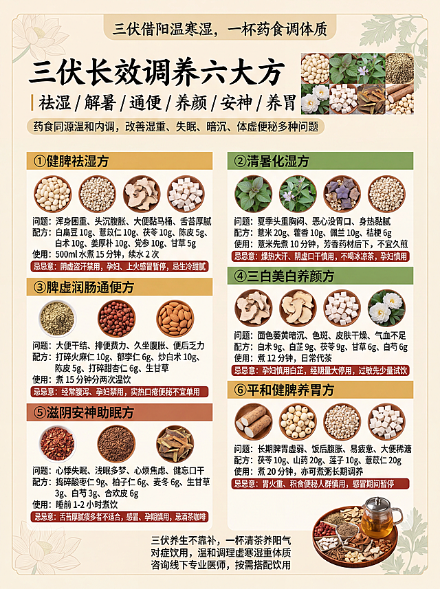 尺寸：A4 竖版（210mm×297mm），分上下两页独立海报，打印可直接拆分；风格：中式国风浅米宣纸底纹、青墨书法标题、药材实拍高清配图、三伏暖黄色暖调，适配养生馆 / 药店 / 朋友圈线下张贴
统一视觉规范
底色：浅杏宣纸肌理，边角淡荷花、艾草暗纹
字体：大标题毛笔书法黑字，症状 / 组方粗宋体，注意事项细灰宋体
配图规则：每款茶饮配对应原材实拍图，独立药材小图标注名称
主色调：暖姜黄、竹青、红枣红，契合三伏温阳祛湿核心
顶部统一 Slogan：三伏借阳温寒湿，一杯药食调体质
第一页海报（A4 第 1 页：五大专项调理茶・对症日常款）
页面分区布局（从上至下）
【头部主视觉区 占页面 1/6】
画面：左侧书法大字「三伏温阳五款调理代茶饮」，右侧配图：葛根、酸枣仁、干姜、玫瑰、黄芪五种核心药材平铺实拍图
文案顶部大字：三伏天阳气鼎盛，温阳散寒、健脾祛湿黄金期
小字副标题：肩颈 / 睡眠 / 脾胃 / 女性暖宫 / 提升免疫力，日常温水冲泡调理
板块 1：①肩颈腰劳损｜葛根解肌通络茶（配图：葛根 + 桑枝 + 生姜实拍组合图）
适用症状：久坐肩颈僵硬、腰背酸痛、遇寒加重
组方（配单味药材小图标注）：葛根 10g、桑枝 5g、生姜 3 片、去核大枣 2 枚、陈皮 3g
饮用方法：煮 10 分钟 / 焖泡 20 分钟，可续水 2-3 次
警示小字（浅红框）：阴虚火旺减生姜；孕妇、经量多慎用
板块 2：②睡眠情绪｜疏肝宁心安神茶（配图：酸枣仁、百合、玫瑰实拍）
适用症状：焦虑难眠、多梦易醒、心烦易怒
组方：捣碎炒酸枣仁 6g、干百合 8g、茯苓 5g、玫瑰 3g、桂圆 2 颗
饮用方法：沸水焖 15 分钟，睡前 1-2 小时温饮
警示：痰湿重、感冒发热暂停；孕妇忌，忌咖啡浓茶
板块 3：③脾胃代谢｜温脾消脂通润茶（配图：干姜、炒山楂、火麻仁实拍）
适用症状：脾胃虚寒、小腹怕冷、虚寒便秘、代谢缓慢
组方：干姜 3g、茯苓 6g、陈皮 5g、炒山楂 3g、打碎火麻仁 6g
饮用方法：加水 500ml 煮 12 分钟，种子打碎更好吸收
警示：胃热口臭不适用；孕妇禁用火麻仁
板块 4：④女性专属｜暖宫活血调经茶（配图：干姜、红枣、玫瑰、桂圆实拍）
适用症状：宫寒痛经、经血血块、小腹冷痛、经期畏寒
组方：干姜 3g、去核红枣 5 枚、玫瑰 3g、桂圆 5g、枸杞 3g、红糖 2 颗
饮用时间：经前 3-5 天每日一剂，经量多经期停用
警示：经量大、经期提前、孕妇禁用；糖尿病人去掉红糖
板块 5：⑤体质提升｜益气固表温阳茶（配图：黄芪、党参、红枣实拍）
适用症状：手脚冰凉、易感冒、吹空调不适、阳气不足
组方：黄芪 6g、党参 3g、生姜 3 片、去核红枣 3 枚、枸杞 3g
饮用时间：上午冲泡 / 煮 10 分钟，顺应阳气升发
警示：上火发烧暂停；血压不稳慎用黄芪、孕妇慎用
页面底部留白小字（第 1 页收尾）
温馨提示：所有茶饮温饮为佳，三伏少冰饮、生冷甜品，调理效果翻倍
第二页海报（A4 第 2 页：六款综合调理药食方・长效祛湿养颜）
页面分区布局（从上至下）
【头部主视觉区 占页面 1/6】
书法标题：三伏长效调养六大方｜祛湿 / 解暑 / 通便 / 养颜 / 安神 / 养胃
配图：白扁豆、藿香、火麻仁、三白药材、合欢皮、山药莲子组合全景药材图
小字导语：药食同源温和内调，改善湿重、失眠、暗沉、体虚便秘多种问题
板块 1：①健脾祛湿方（配图：白扁豆、薏米、白术、茯苓实拍）
对应问题：浑身困重、头沉腹胀、大便黏马桶、舌苔厚腻
组方：白扁豆 10g、薏苡仁 10g、茯苓 10g、陈皮 5g、白术 10g、姜厚朴 10g、党参 10g、甘草 5g
煎煮用法：500ml 水煮 15 分钟，续水 2 次
禁忌红框：阴虚盗汗禁用，孕妇、上火感冒暂停，忌生冷甜腻
板块 2：②清暑化湿方（配图：藿香、佩兰、桔梗、薏米实拍）
对应问题：夏季头重胸闷、恶心没胃口、身热黏腻
组方：薏米 20g、藿香 10g、佩兰 10g、桔梗 6g
煎煮技巧：薏米先煮 10 分钟，芳香药材后下，不宜久煎
禁忌：燥热大汗、阴虚口干慎用，不喝冰凉茶，孕妇慎用
板块 3：③脾虚润肠通便方（配图：火麻仁、郁李仁、甜杏仁实拍）
对应问题：大便干结、排便费力、久坐腹胀、便后乏力
组方：打碎火麻仁 10g、郁李仁 6g、炒白术 10g、陈皮 5g、打碎甜杏仁 6g、生甘草
用法：煮 15 分钟分两次温饮
禁忌：经常腹泻、孕妇禁用，实热口疮便秘不宜单用
板块 4：④三白美白养颜方（配图：白术、白芷、茯苓、白芍实拍）
对应问题：面色萎黄暗沉、色斑、皮肤干燥、气血不足
组方：白术 9g、白芷 9g、茯苓 9g、甘草 6g、白芍 6g
用法：煮 12 分钟，日常代茶
禁忌：孕妇慎用白芷，经期量大停用，过敏先少量试饮
板块 5：⑤滋阴安神助眠方（配图：酸枣仁、柏子仁、合欢皮实拍）
对应问题：心悸失眠、浅眠多梦、心烦焦虑、健忘口干
组方：捣碎酸枣仁 9g、柏子仁 6g、麦冬 6g、生甘草 3g、白芍 3g、合欢皮 6g
饮用时机：睡前 1-2 小时煮饮
禁忌：舌苔厚腻痰多者不适合，感冒、孕期慎用，忌酒茶咖啡
板块 6：⑥平和健脾养胃方（配图：山药、莲子、薏米、茯苓实拍）
对应问题：长期脾胃虚弱、饭后腹胀、易疲惫、大便稀溏
组方：茯苓 10g、山药 20g、莲子 10g、薏苡仁 20g
用法：煮 20 分钟，亦可煮粥长期调养
禁忌：胃火重、积食便秘人群慎用，感冒期间暂停
第二页页面底部收尾板块（通栏）
右下角配图：整套养生壶 + 各类干药材合集实拍图
底部宣传文案：
三伏养生不靠补，一杯清茶养阳气
对症饮用，温和调理虚寒湿重体质
咨询线下专业医师，按需搭配饮用
配套物料药材配图要求（海报嵌入小图）
每一味中药材单独高清实拍图，底色纯白，裁切方形小缩略图，标注药材名称小字；
组合茶饮搭配全景图，草本干净无杂物，自然光暖光拍摄；
种子类（酸枣仁、火麻仁、郁李仁）补充「打碎」特写示意图；
芳香药材藿香、佩兰单独配图，标注「不宜久煎」提示图；
红枣分去核实拍图，生姜切片实拍图，区分细节。
生成2个图片每页一张