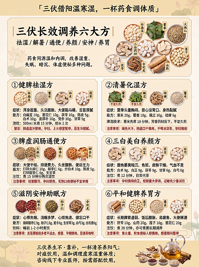 「图片1」「图片1」尺寸：A4 竖版（210mm×297mm），分上下两页独立海报，打印可直接拆分；风格：中式国风浅米宣纸底纹、青墨书法标题、药材实拍高清配图、三伏暖黄色暖调，适配养生馆 / 药店 / 朋友圈线下张贴
统一视觉规范
底色：浅杏宣纸肌理，边角淡荷花、艾草暗纹
字体：大标题毛笔书法黑字，症状 / 组方粗宋体，注意事项细灰宋体
配图规则：每款茶饮配对应原材实拍图，独立药材小图标注名称
主色调：暖姜黄、竹青、红枣红，契合三伏温阳祛湿核心
顶部统一 Slogan：三伏借阳温寒湿，一杯药食调体质
第一页海报（A4 第 1 页：五大专项调理茶・对症日常款）
页面分区布局（从上至下）
【头部主视觉区 占页面 1/6】
画面：左侧书法大字「三伏温阳五款调理代茶饮」，右侧配图：葛根、酸枣仁、干姜、玫瑰、黄芪五种核心药材平铺实拍图
文案顶部大字：三伏天阳气鼎盛，温阳散寒、健脾祛湿黄金期
小字副标题：肩颈 / 睡眠 / 脾胃 / 女性暖宫 / 提升免疫力，日常温水冲泡调理
板块 1：①肩颈腰劳损｜葛根解肌通络茶（配图：葛根 + 桑枝 + 生姜实拍组合图）
适用症状：久坐肩颈僵硬、腰背酸痛、遇寒加重
组方（配单味药材小图标注）：葛根 10g、桑枝 5g、生姜 3 片、去核大枣 2 枚、陈皮 3g
饮用方法：煮 10 分钟 / 焖泡 20 分钟，可续水 2-3 次
警示小字（浅红框）：阴虚火旺减生姜；孕妇、经量多慎用
板块 2：②睡眠情绪｜疏肝宁心安神茶（配图：酸枣仁、百合、玫瑰实拍）
适用症状：焦虑难眠、多梦易醒、心烦易怒
组方：捣碎炒酸枣仁 6g、干百合 8g、茯苓 5g、玫瑰 3g、桂圆 2 颗
饮用方法：沸水焖 15 分钟，睡前 1-2 小时温饮
警示：痰湿重、感冒发热暂停；孕妇忌，忌咖啡浓茶
板块 3：③脾胃代谢｜温脾消脂通润茶（配图：干姜、炒山楂、火麻仁实拍）
适用症状：脾胃虚寒、小腹怕冷、虚寒便秘、代谢缓慢
组方：干姜 3g、茯苓 6g、陈皮 5g、炒山楂 3g、打碎火麻仁 6g
饮用方法：加水 500ml 煮 12 分钟，种子打碎更好吸收
警示：胃热口臭不适用；孕妇禁用火麻仁
板块 4：④女性专属｜暖宫活血调经茶（配图：干姜、红枣、玫瑰、桂圆实拍）
适用症状：宫寒痛经、经血血块、小腹冷痛、经期畏寒
组方：干姜 3g、去核红枣 5 枚、玫瑰 3g、桂圆 5g、枸杞 3g、红糖 2 颗
饮用时间：经前 3-5 天每日一剂，经量多经期停用
警示：经量大、经期提前、孕妇禁用；糖尿病人去掉红糖
板块 5：⑤体质提升｜益气固表温阳茶（配图：黄芪、党参、红枣实拍）
适用症状：手脚冰凉、易感冒、吹空调不适、阳气不足
组方：黄芪 6g、党参 3g、生姜 3 片、去核红枣 3 枚、枸杞 3g
饮用时间：上午冲泡 / 煮 10 分钟，顺应阳气升发
警示：上火发烧暂停；血压不稳慎用黄芪、孕妇慎用
页面底部留白小字（第 1 页收尾）
温馨提示：所有茶饮温饮为佳，三伏少冰饮、生冷甜品，调理效果翻倍
第二页海报（A4 第 2 页：六款综合调理药食方・长效祛湿养颜）
页面分区布局（从上至下）
【头部主视觉区 占页面 1/6】
书法标题：三伏长效调养六大方｜祛湿 / 解暑 / 通便 / 养颜 / 安神 / 养胃
配图：白扁豆、藿香、火麻仁、三白药材、合欢皮、山药莲子组合全景药材图
小字导语：药食同源温和内调，改善湿重、失眠、暗沉、体虚便秘多种问题
板块 1：①健脾祛湿方（配图：白扁豆、薏米、白术、茯苓实拍）
对应问题：浑身困重、头沉腹胀、大便黏马桶、舌苔厚腻
组方：白扁豆 10g、薏苡仁 10g、茯苓 10g、陈皮 5g、白术 10g、姜厚朴 10g、党参 10g、甘草 5g
煎煮用法：500ml 水煮 15 分钟，续水 2 次
禁忌红框：阴虚盗汗禁用，孕妇、上火感冒暂停，忌生冷甜腻
板块 2：②清暑化湿方（配图：藿香、佩兰、桔梗、薏米实拍）
对应问题：夏季头重胸闷、恶心没胃口、身热黏腻
组方：薏米 20g、藿香 10g、佩兰 10g、桔梗 6g
煎煮技巧：薏米先煮 10 分钟，芳香药材后下，不宜久煎
禁忌：燥热大汗、阴虚口干慎用，不喝冰凉茶，孕妇慎用
板块 3：③脾虚润肠通便方（配图：火麻仁、郁李仁、甜杏仁实拍）
对应问题：大便干结、排便费力、久坐腹胀、便后乏力
组方：打碎火麻仁 10g、郁李仁 6g、炒白术 10g、陈皮 5g、打碎甜杏仁 6g、生甘草
用法：煮 15 分钟分两次温饮
禁忌：经常腹泻、孕妇禁用，实热口疮便秘不宜单用
板块 4：④三白美白养颜方（配图：白术、白芷、茯苓、白芍实拍）
对应问题：面色萎黄暗沉、色斑、皮肤干燥、气血不足
组方：白术 9g、白芷 9g、茯苓 9g、甘草 6g、白芍 6g
用法：煮 12 分钟，日常代茶
禁忌：孕妇慎用白芷，经期量大停用，过敏先少量试饮
板块 5：⑤滋阴安神助眠方（配图：酸枣仁、柏子仁、合欢皮实拍）
对应问题：心悸失眠、浅眠多梦、心烦焦虑、健忘口干
组方：捣碎酸枣仁 9g、柏子仁 6g、麦冬 6g、生甘草 3g、白芍 3g、合欢皮 6g
饮用时机：睡前 1-2 小时煮饮
禁忌：舌苔厚腻痰多者不适合，感冒、孕期慎用，忌酒茶咖啡
板块 6：⑥平和健脾养胃方（配图：山药、莲子、薏米、茯苓实拍）
对应问题：长期脾胃虚弱、饭后腹胀、易疲惫、大便稀溏
组方：茯苓 10g、山药 20g、莲子 10g、薏苡仁 20g
用法：煮 20 分钟，亦可煮粥长期调养
禁忌：胃火重、积食便秘人群慎用，感冒期间暂停
第二页页面底部收尾板块（通栏）
右下角配图：整套养生壶 + 各类干药材合集实拍图
底部宣传文案：
三伏养生不靠补，一杯清茶养阳气
对症饮用，温和调理虚寒湿重体质
咨询线下专业医师，按需搭配饮用
配套物料药材配图要求（海报嵌入小图）
每一味中药材单独高清实拍图，底色纯白，裁切方形小缩略图，标注药材名称小字；
组合茶饮搭配全景图，草本干净无杂物，自然光暖光拍摄；
种子类（酸枣仁、火麻仁、郁李仁）补充「打碎」特写示意图；
芳香药材藿香、佩兰单独配图，标注「不宜久煎」提示图；
红枣分去核实拍图，生姜切片实拍图，区分细节。