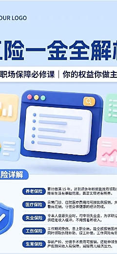 五险一金解析人社科普知识分享3D图标风长图海报