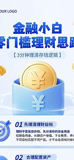 金融理财零门槛理财思路知识分享科普3D图标风长图海报