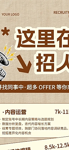 棕色复古拼贴风互联网新媒体招聘长图海报
