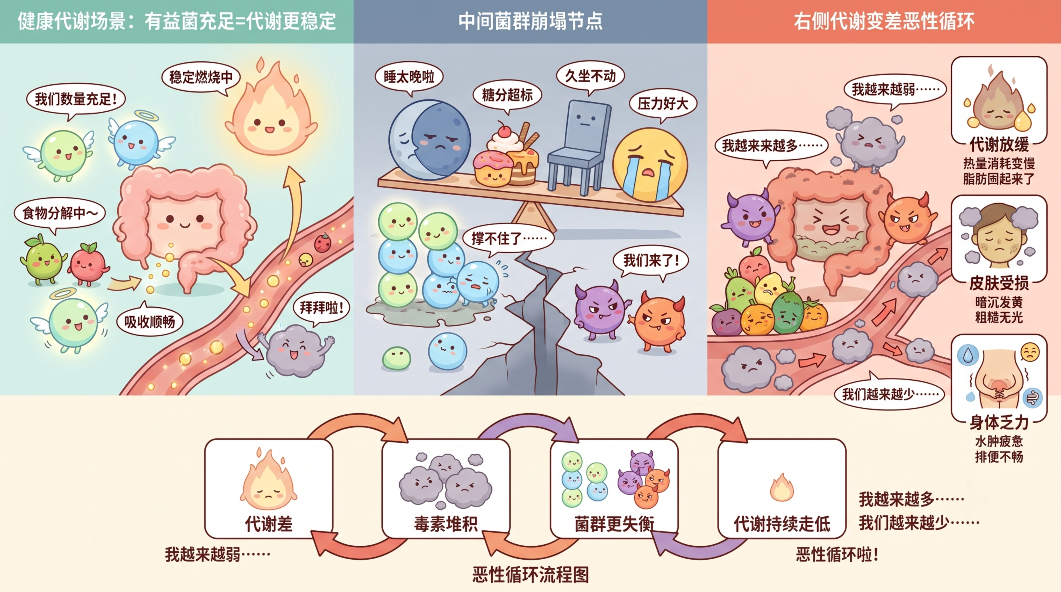 科普插画，整体可爱Q版风格，分为左中右三部分场景，底部闭环箭头… - 图片创意预览