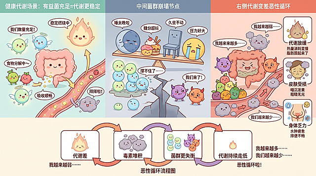 科普插画，整体可爱Q版风格，分为左中右三部分场景，底部闭环箭头流程图。画面中包含Q版菌群角色：圆润发光表情积极的有益菌益生菌小蓝和小绿，带小恶魔角表情调皮不恐怖的有害菌小紫和小橙，被安全分解的食物小精灵，灰紫色软软的毒素小乌云，代表代谢变化的代谢小火苗。
左侧健康代谢场景：明亮清爽的Q版肠道微生态小世界，圆滚滚的益生菌小绿和小蓝围绕在肠道小人旁边开心挥手，轻松分解食物小精灵成小光点，营养光点进入身体，毒素小乌云被排出体外。配Q版台词：益生菌小绿说"我们数量充足！"，益生菌小蓝说"食物分解中～"，营养光点"吸收顺畅"，毒素小乌云"拜拜啦！"，代谢小火苗"稳定燃烧中"，颜色以浅绿、浅蓝、米白为主，整体干净明亮可爱，表达有益菌充足=代谢更稳定。
中间菌群崩塌节点：一条从左到右的菌群平衡断裂线，原本整齐排列的益生菌小球开始掉落，熬夜月亮、高糖甜点、久坐椅子、压力小表情从上方压下来，益生菌数量越来越少，有害菌小紫从裂缝里冒出来。配台词：熬夜月亮"睡太晚啦"，高糖甜点"糖分超标"，久坐椅子"久坐不动"，压力表情"压力好大"，益生菌小蓝"撑不住了……"，有害菌小紫"我们来了！"，用灰蓝和浅橙红制造转折感，卡通风格不恐怖。
右侧代谢变差恶性循环：Q版恶性循环小剧场，有害菌小紫站在肠道小人旁边叉腰大笑，消化液变弱，食物小精灵堆积成小山，毒素小乌云越来越大，顺着血液小箭头飘到脸部、身体和代谢小火苗上。三层恶果：1.代谢放缓：代谢小火苗从明亮变微弱，脂肪小团子越来越多，标签"热量消耗变慢""脂肪囤起来了"；2.皮肤受损：脸部小人暗沉发黄，小乌云遮住光泽，标签"暗沉发黄""粗糙无光"；3.身体乏力：身体小人抱肚子弯腰，旁边有水肿小水滴、疲惫小表情和便便图标，标签"水肿疲惫""排便不畅"。颜色用浅橙红和灰紫色，整体保持可爱科普风，无恐怖画面。
底部：环形Q版流程图，四个圆润卡片闭环连接：第一张卡代谢小火苗变弱写文字"代谢差"，第二张卡毒素小乌云变多写文字"毒素堆积"，第三张卡益生菌减少有害菌增加写文字"菌群更失衡"，第四张卡代谢小火苗更小写文字"代谢持续走低"，箭头绕回第一张卡形成闭环。配台词：代谢小火苗"我越来越弱……"，毒素小乌云"我越来越多……"，益生菌小蓝"我们越来越少……"，有害菌小紫"恶性循环啦！"，整体卡通可爱科普风，画面清晰。