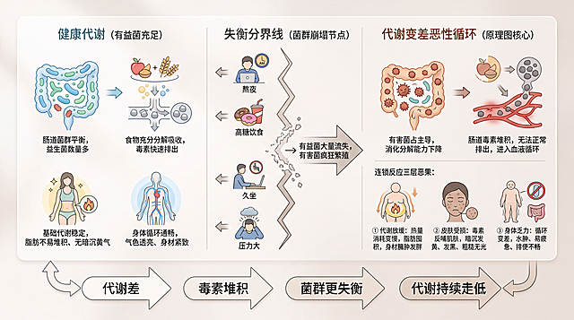 帮我做一个代谢变差的原理图片，浅色系，高级。左侧：健康代谢（有益菌充足）
肠道菌群平衡，益生菌数量多
食物充分分解吸收，毒素快速排出
基础代谢稳定，脂肪不易堆积、无暗沉黄气
身体循环通畅，气色透亮、身材紧致
中间：失衡分界线（菌群崩塌节点）
熬夜、高糖饮食、久坐、压力大 → 有益菌大量流失，有害菌疯狂繁殖
右侧：代谢变差恶性循环（原理图核心）
有害菌占主导，消化分解能力下降
肠道毒素堆积，无法正常排出，进入血液循环
连锁反应三层恶果：
① 代谢放缓：热量消耗变慢，脂肪囤积，身材臃肿发胖
② 皮肤受损：毒素反哺肌肤，暗沉发黄、发黑、粗糙无光
③ 身体乏力：循环变差，水肿、易疲惫、排便不畅
底部闭环箭头（恶性循环）
代谢差→毒素堆积→菌群更失衡→代谢持续走低
