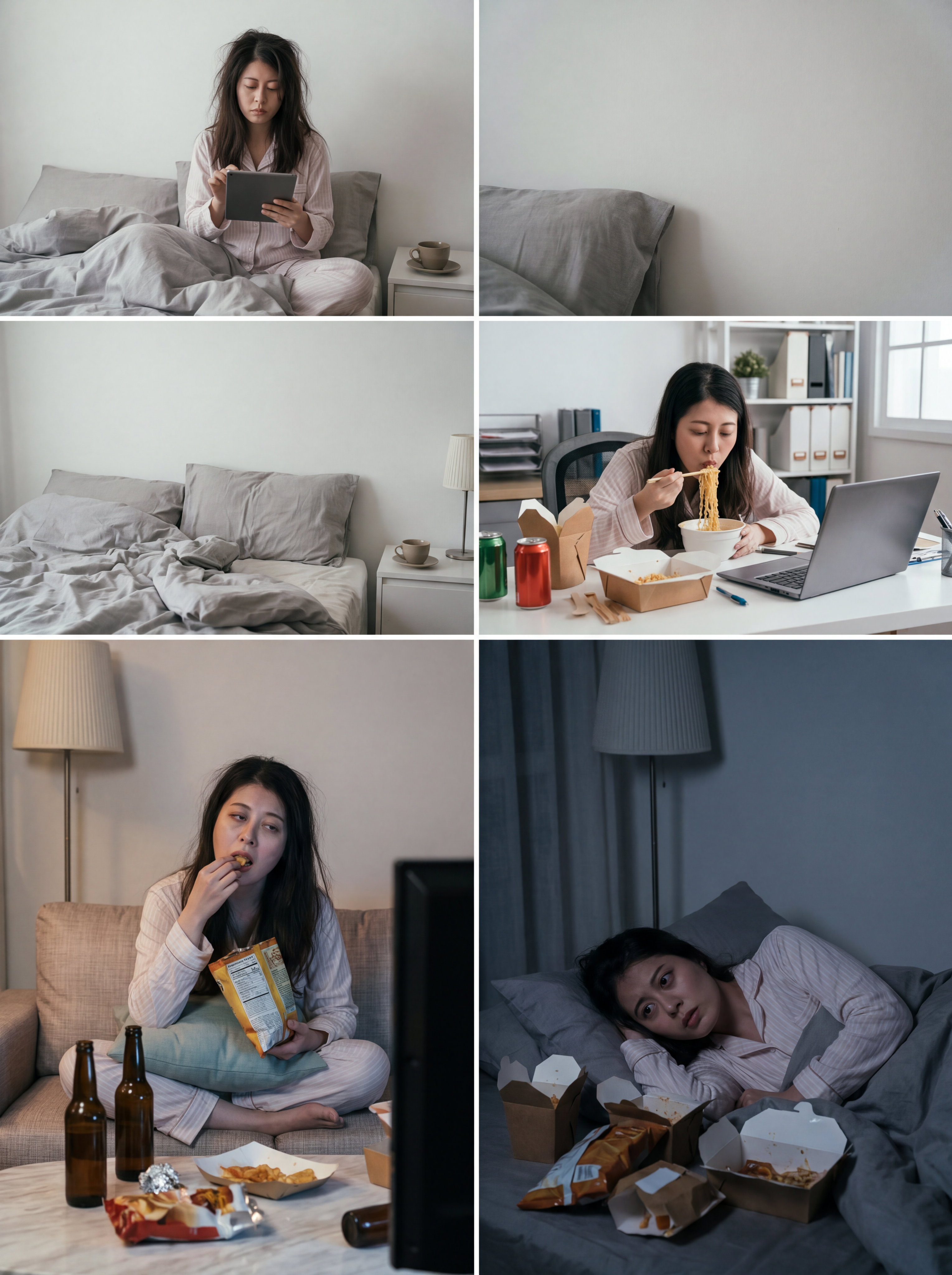 三餐不规律的女性，表现当代年轻人不健康生活状态，风格统一，4K… - 图片创意预览