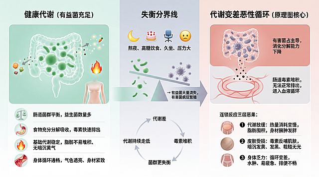 高级写实商业科普信息图，横版16:9，平面设计稿，浅米白色纯净背景，低饱和莫兰迪浅色系，柔和棚拍侧光，微哑光纸质感与真实微距摄影质感结合，画面干净通透，留白充足，商务高级感，无多余装饰。整体采用横向三栏等宽布局，从左到右依次为"健康代谢区""失衡分界线""代谢变差恶性循环区"，底部贯穿全宽的恶性循环闭环箭头，信息层级分明，排版规整有序。

左侧健康代谢区以浅薄荷绿光影为主，顶部加粗中文标题"健康代谢（有益菌充足）"。区域内呈现真实微生态摄影质感的半透明肠道轮廓示意，内部有大量圆润饱满的绿色益生菌颗粒，像真实生物显微镜下的有益菌群；旁边有食物颗粒被分解成细小发光营养光点，毒素颗粒被柔和排出；还有稳定燃烧的小火苗、紧致透亮的抽象人体轮廓、细腻肤色光影。左侧下方配4组图文对应条目，图标居左文字居右，纵向均匀排列，文字分别为"肠道菌群平衡，益生菌数量多""食物充分分解吸收，毒素快速排出""基础代谢稳定，脂肪不易堆积、无暗沉黄气""身体循环通畅，气色透亮、身材紧致"。

中间失衡分界线以浅灰蓝过渡色为主，顶部加粗中文标题"失衡分界线"。上方横向排列4个写实小图标：月亮代表熬夜，蛋糕代表高糖饮食，办公椅代表久坐，皱眉表情代表压力大，下方文字为"熬夜、高糖饮食、久坐、压力大"。中间是一根断裂的平衡杆，左侧绿色益生菌颗粒向下掉落，右侧灰紫色有害菌颗粒向上增多，形成明显的平衡崩塌效果，右侧渐变箭头旁文字为"→ 有益菌大量流失，有害菌疯狂繁殖"。中间区域视觉上承接左右两区，呈现从健康到失衡的过渡感。

右侧代谢变差恶性循环区以浅珊瑚粉灰光影为主，顶部加粗中文标题"代谢变差恶性循环（原理图核心）"。区域顶部呈现半透明肠道轮廓示意，内部填满灰紫色有害菌颗粒，表现有害菌占主导；下方有细小深色毒素颗粒从肠道区域流入环形血管的抽象示意，血管以柔和红粉色线条表现，不出现真实人体器官；再下方纵向排列3层恶果，带有序号标识，每行配写实小图标。文字依次为"有害菌占主导，消化分解能力下降""肠道毒素堆积，无法正常排出，进入血液循环""连锁反应三层恶果：""① 代谢放缓：热量消耗变慢，脂肪囤积，身材臃肿发胖""② 皮肤受损：毒素反哺肌肤，暗沉发黄、发黑、粗糙无光""③ 身体乏力：循环变差，水肿、易疲惫、排便不畅"。

画面最底部居中为圆角柔和环形箭头闭环，四个节点均匀分布，箭头顺时针循环，每个节点配清晰中文文字，依次为"代谢差""毒素堆积""菌群更失衡""代谢持续走低"，箭头线条为浅灰色，形成完整闭环逻辑。

全部使用清晰的无衬线中文字体，标题加粗字号稍大，正文常规字号，序号醒目，所有文字清晰锐利，排版对齐工整，同层级字号字体统一。整体为高端健康品牌科普视觉，真实但不恐怖，专业但不晦涩。