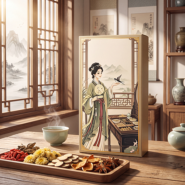 电商主图，古法草本植物饮产品首图，新中式国风场景，画面整洁无任何文字文案。产品包装居中完整展示，包装上的古风女子插画与草本元素保持与原图一致，杜绝变形和色差。背景为中式雅致书房场景，木质窗棂、远山水墨背景、柔和自然光从左侧照入，前景摆放多种草本原料药材（枸杞、菊花、甘草、陈皮等）置于古朴木托盘中，旁边有青瓷小茶杯冒着淡淡热气。商品主体占比约70%，画面满屏无边框。商业摄影质感，光线柔和通透，产品清晰真实，画面干净高级。自然暖阳侧光，主光从左上方45度照射，形成柔和阴影，右侧补光提亮暗部，整体色调温润雅致，以米白、浅棕、草木绿为主色调。平视视角，景深中等，产品为视觉中心，前后景层次分明。4K超高清画质，细节丰富，材质真实。负向提示：变形，文字错乱，产品模糊，背景杂乱，水印，电商平台Logo，任何文字文案