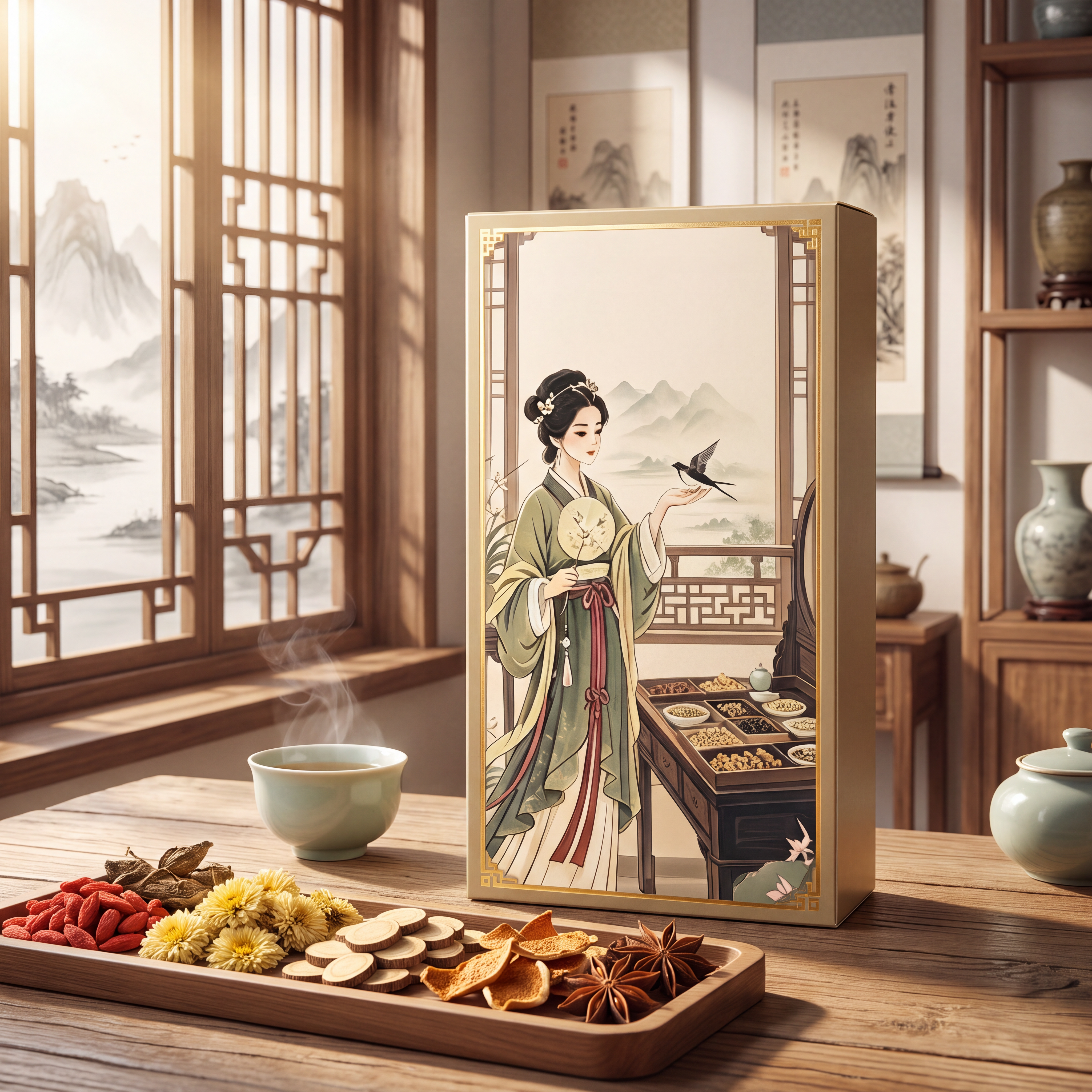 电商主图，古法草本植物饮产品首图，新中式国风场景，画面整洁无任… - 图片创意预览