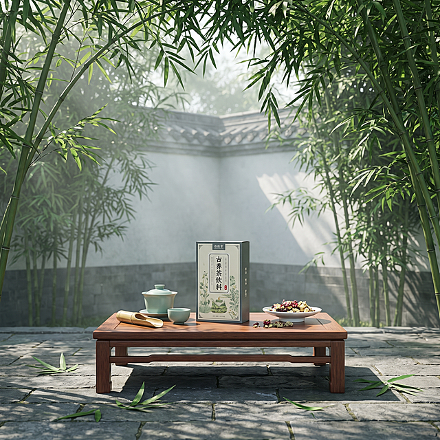 江南庭院竹下茶席场景，青石板地面上摆放一张低矮红木茶桌，桌上陈列青瓷茶具、竹制茶则、盛有干花草本的白瓷碟，图中古法草本植物饮产品包装盒居中摆放；四周环绕茂密青竹林，竹叶在画面上方形成天然框景，远处可见白墙黛瓦院墙一角，地面散落几片新鲜竹叶。林间丁达尔光，阳光透过竹叶缝隙洒下斑驳光影，整体光线清新明亮，空气带薄雾朦胧感，营造清幽静谧的庭院氛围。主色调为翠竹绿、瓦灰色、原木色，新中式国风摄影风格，高清质感，产品清晰突出