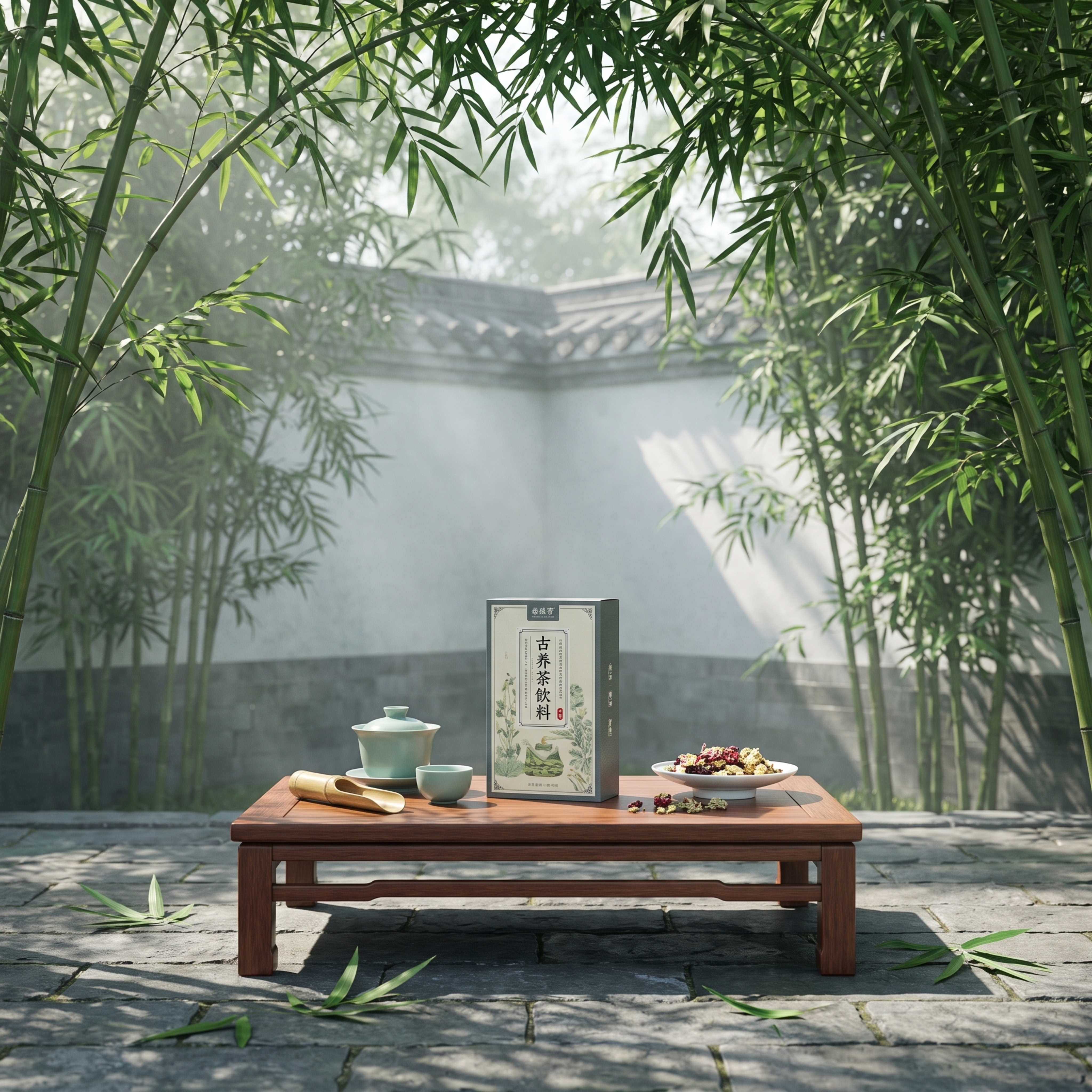 江南庭院竹下茶席场景，青石板地面上摆放一张低矮红木茶桌，桌上陈… - 图片创意预览