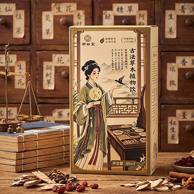 图中产品盒居中放大，占画面 50% 面积，放置在老旧实木药柜前的台面上，正面完整展示。产品左侧摆放线装古籍、铜制小药秤；背景是虚化的中式药柜抽屉，隐约可见手写药材标签；前景散落少量草本药材原料。暖调室内柔光，侧光突出产品立体质感；整体赭石棕 + 暗绿色调，营造古法配方的专业信任感，适配成分卖点主图、详情页首屏，强化 “古法草本” 心智。