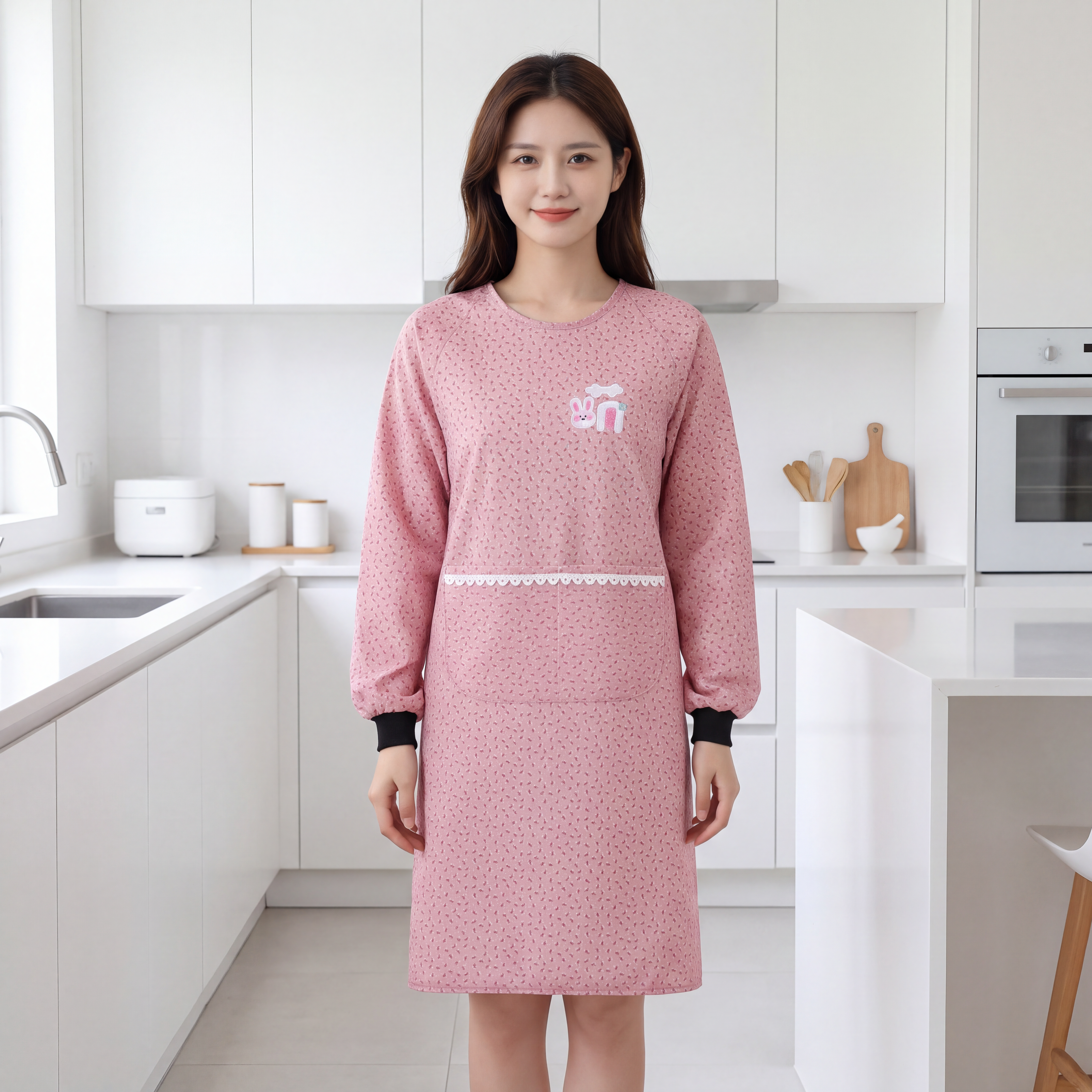 请将参考图1的【粉色长袖围裙罩衣】1:1还原其款式、颜色、材质… - 图片创意预览
