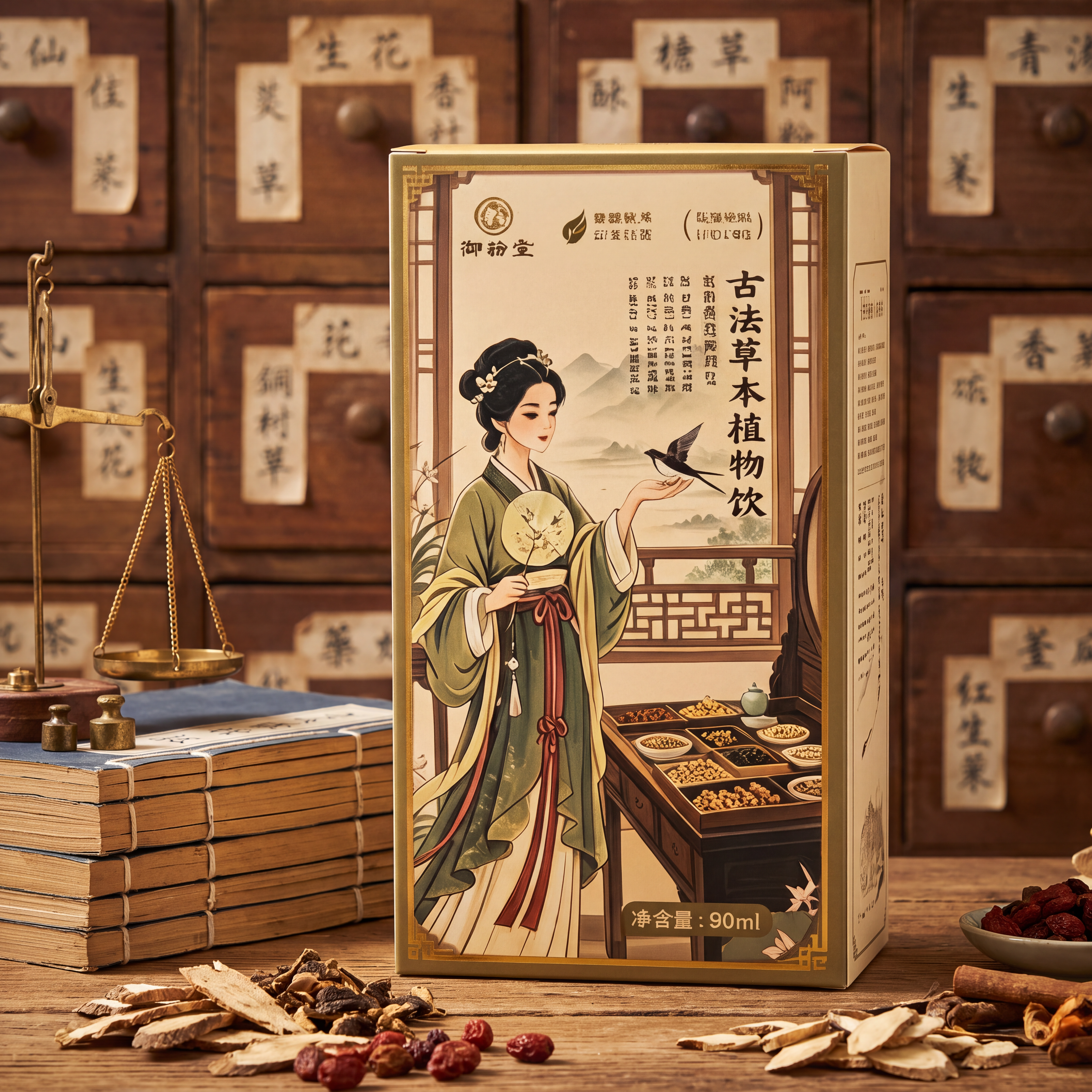 图中产品盒居中放大，占画面 50% 面积，放置在老旧实木药柜前… - 图片创意预览