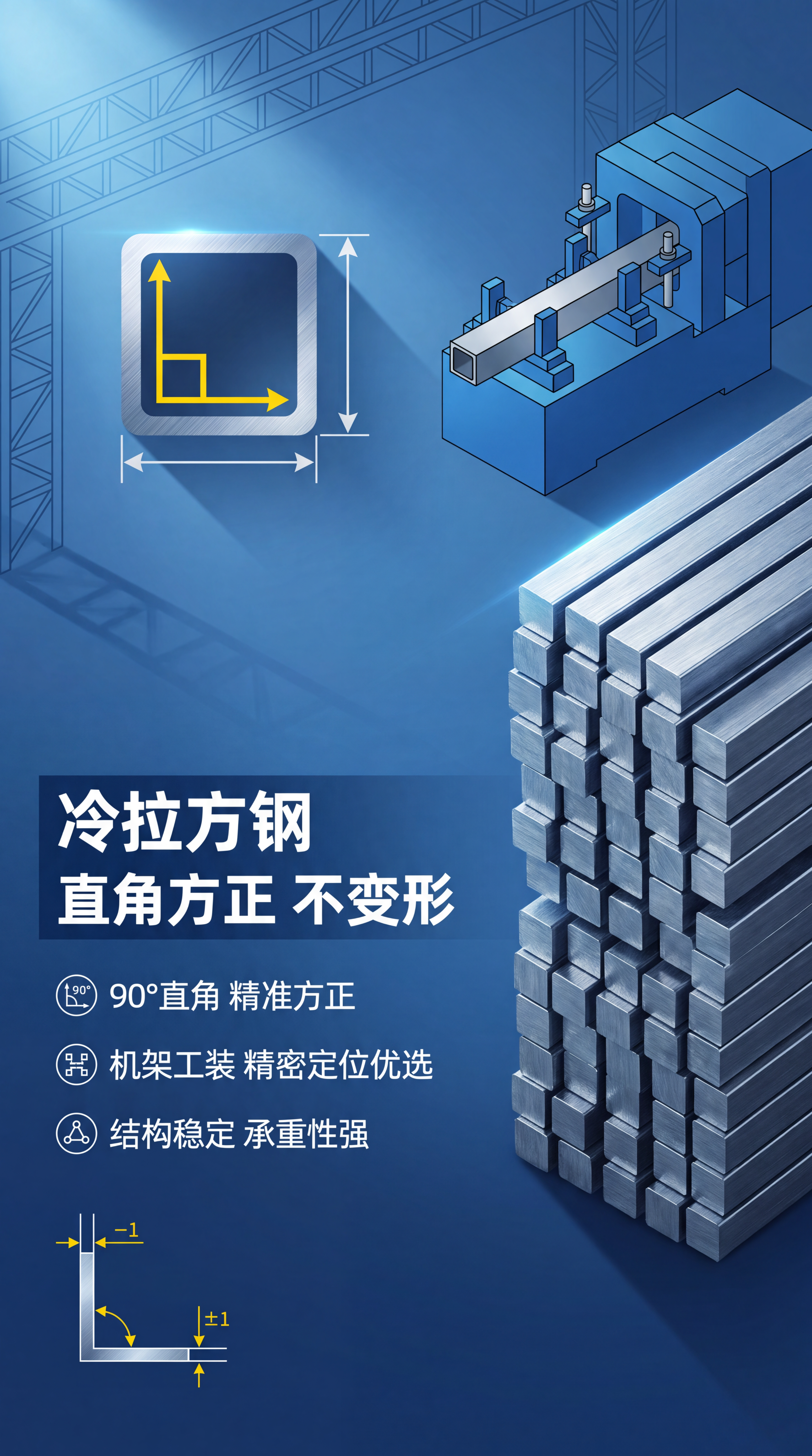 冷拉方钢详解-直角方正不变形特性展示。方钢产品堆叠摆放在画面中… - 图片创意预览