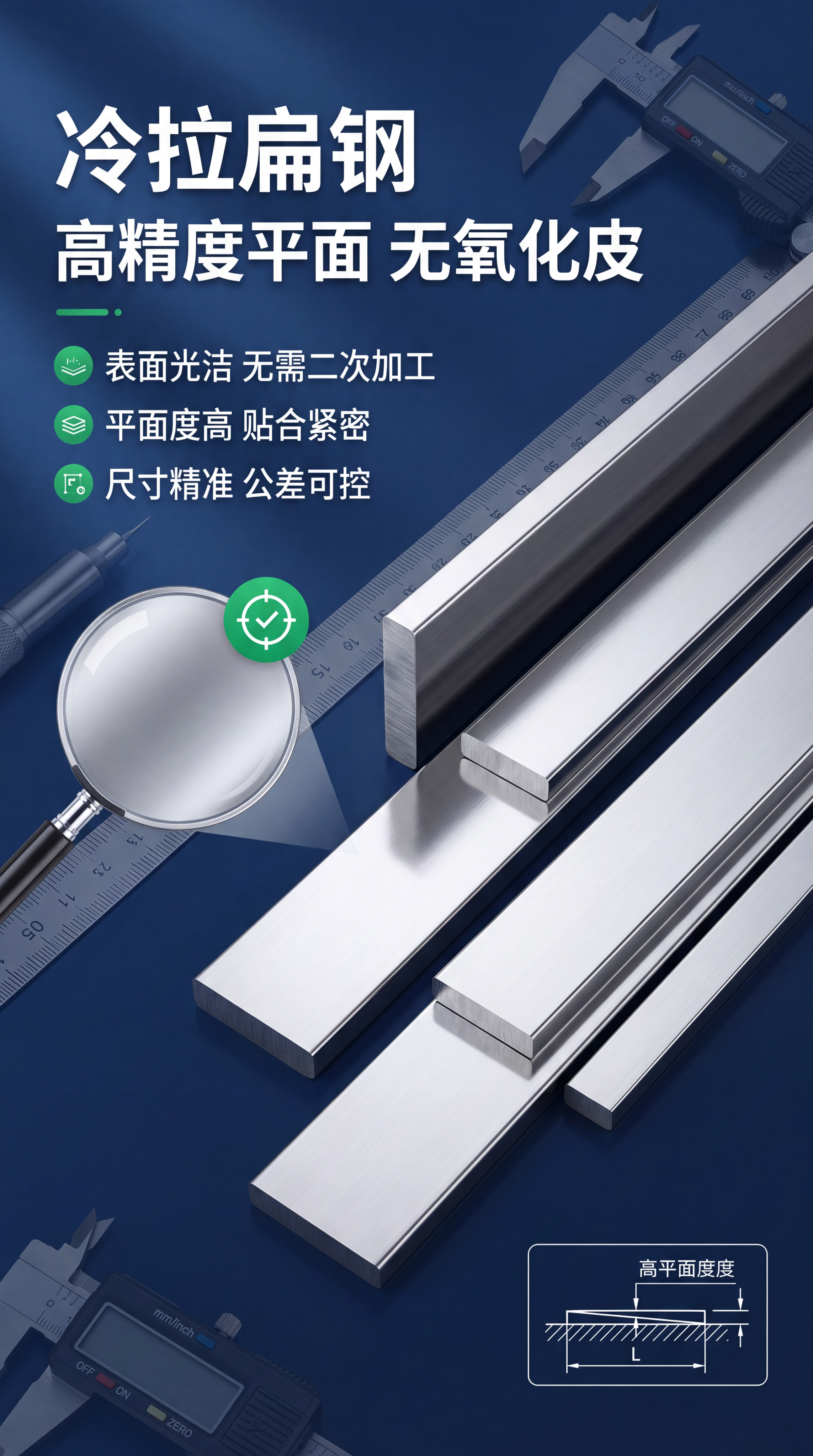 冷拉扁钢详解-高精度平面无氧化皮特性展示。扁钢产品斜放在画面右… - 图片创意预览