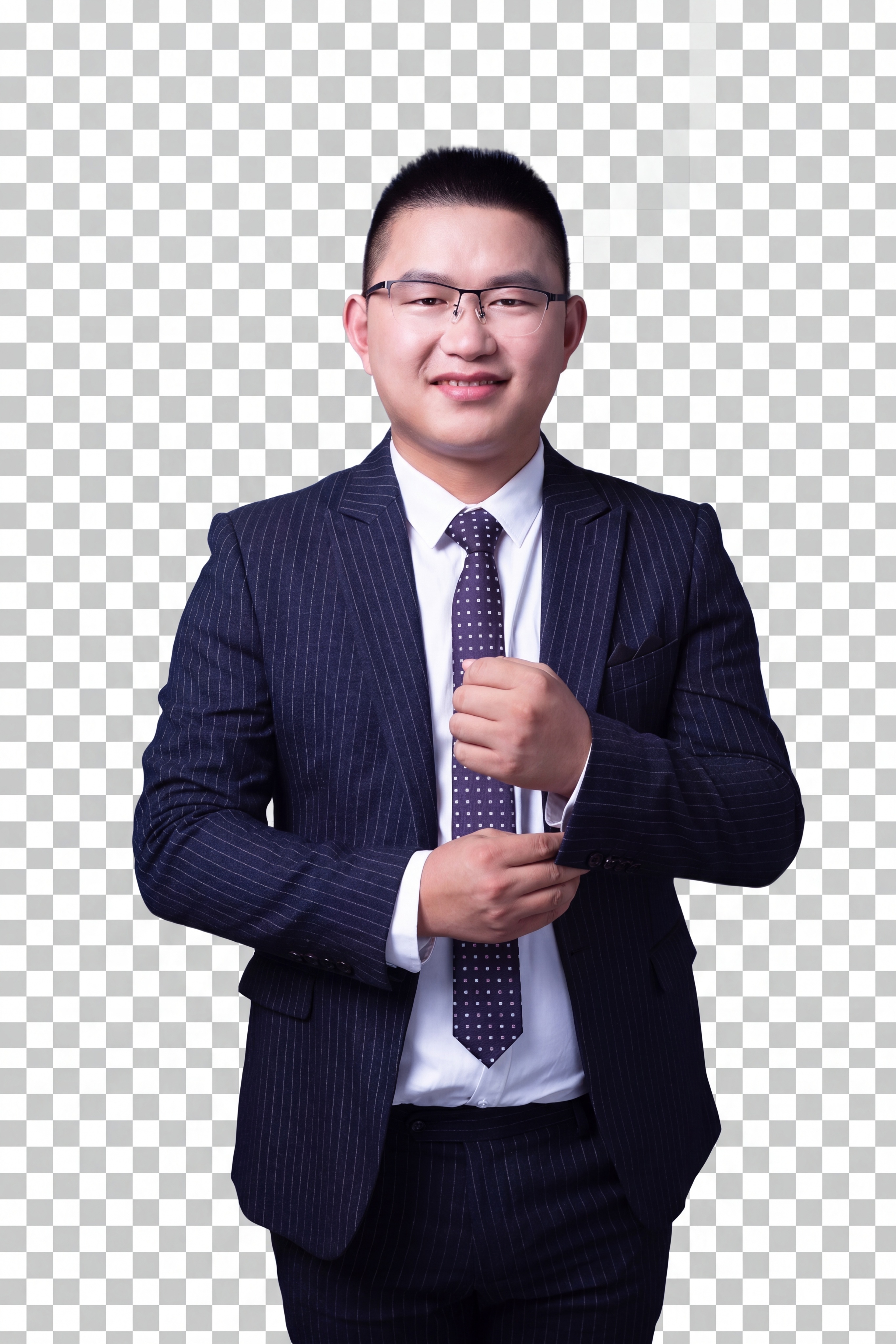 保持人物基础特征、脸型、发型、眼镜以及藏青条纹西装和手扶领带姿… - 图片创意预览