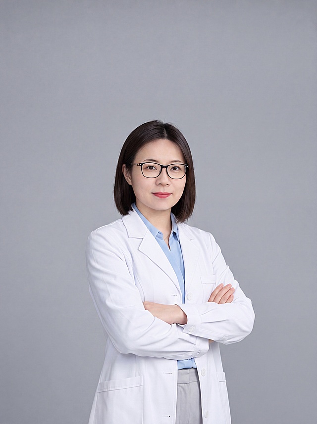 参考图中保留人物脸型、发型、年龄、眼镜等特征生成医生职业形象照,标准焦段50mm,f/4光圈(f/2.8-f/4区间),平视视角(镜头与人物视线齐平);人物占画面70%,人物居中(居中构图),位于画面中心,为视觉聚焦点,入境范围头部及以下至臀部下方10cm(半身像);左右留少量背景空间;头部与画面顶部保留5%空间;头部发型完整,头肩比例协调,人物结构准确;身穿整洁白色白大褂,(翻领设计,面料呈细腻微微哑光质感);内搭浅蓝色衬衫;下装浅灰色西裤;着装正式干练;专业仁心、沉稳可靠;身形匀称,姿态端正,身体挺拔。呈双手抱胸的自然姿态，肢体放松且自信;佩戴黑框眼镜;发质微微柔顺，微微蓬松。简约微微中度灰色纯色背景(呈现均匀柔和质感),背景光线均匀柔和,强化色彩对比的高级感。极简干净;画质超高分辨率、细节清晰,现代精致感风格;肤质精细化处理;眼神直视镜头,目光坚定且澄澈,表情自然。嘴角上扬;清透自然裸妆(轻薄底妆+淡唇妆)妆感轻薄轻透裸肌感,通透感肤质,肤质自然细腻,肤色健康均匀,雾面柔光裸肌感,保留真实皮肤细节。正面柔光补光,4800K中性光,面部光比1:1.5,色调明亮。中近景写实摄影,对焦清晰,高清保留皮肤细节。分辨率4K,去除人物之外的所有元素。严格按照图片内容生成。画面比例3:4