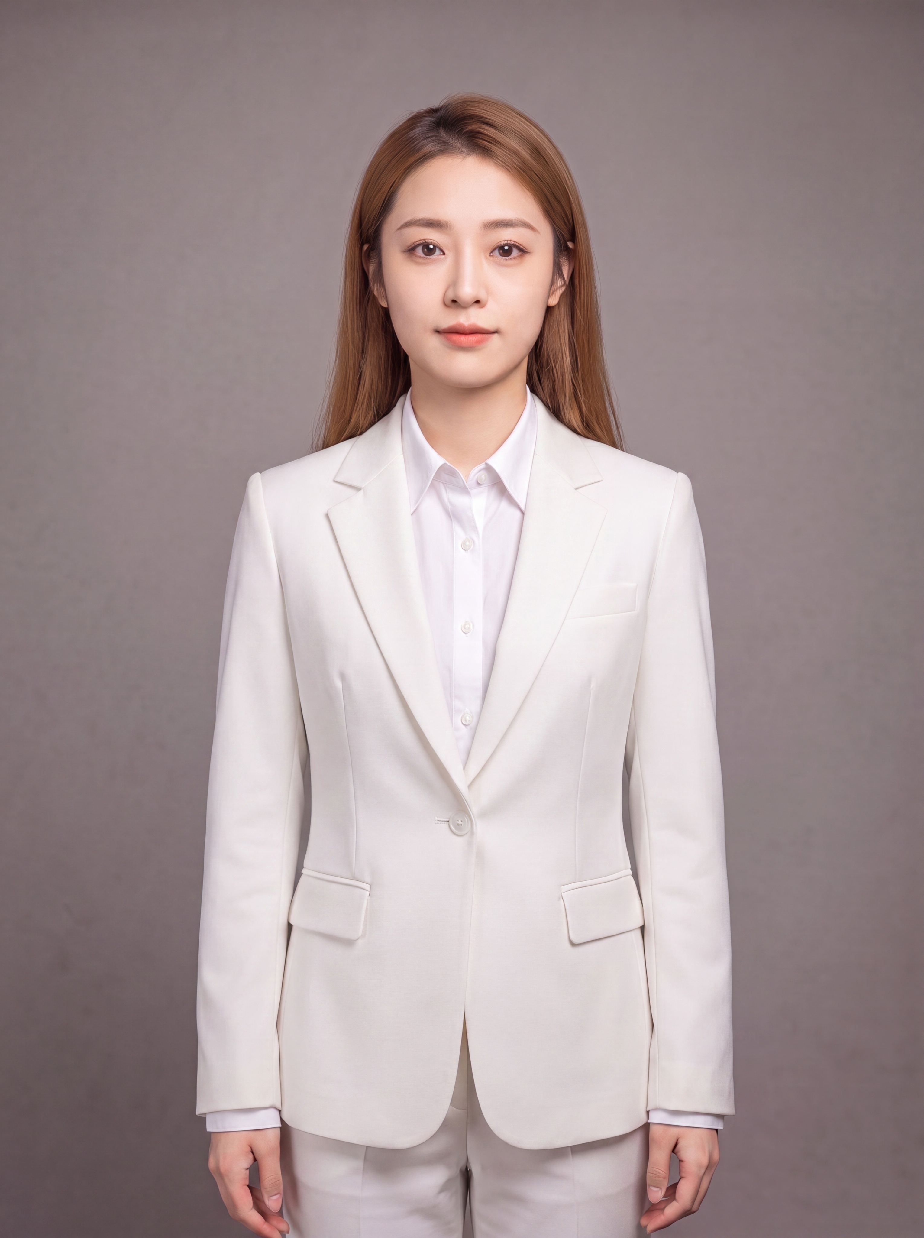 将人物的米色西装外套换成白色女士西服，简约时尚款，精纺羊毛混纺… - 图片创意预览