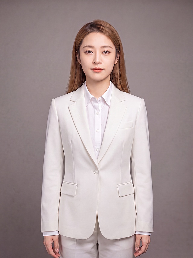 将人物的米色西装外套换成白色女士西服，简约时尚款，精纺羊毛混纺面料，平驳领设计，单排扣，剪裁利落修身，呈现细腻哑光质感；保留人物面部特征、发型、白色衬衫、双手自然下垂姿势、中性灰背景不变；保持专业职场形象照风格，画质超高分辨率、细节清晰，现代精致感风格