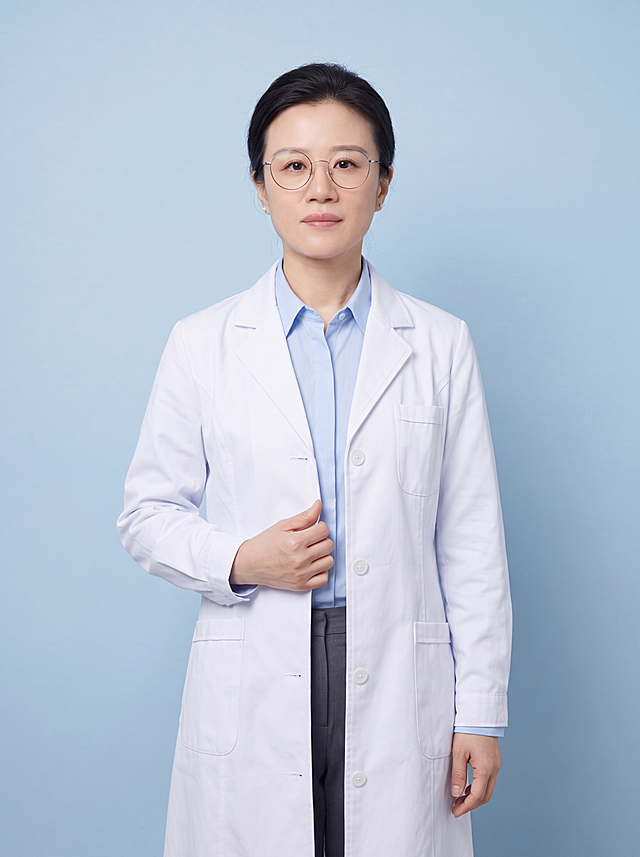 参考图中保留人物脸型、眼镜、年龄特征，调整为站姿，头发整齐扎起，白大褂所有扣子全部扣好，生成专业医师女性职业形象照，标准焦段50mm,f/4光圈，平视视角;人物居中构图，半身入境，保留浅蓝色纯色背景，光线均匀柔和，极简干净;发型干净利落扎紧，着装正式干练，专业仁心沉稳可靠，身形挺拔，自然站姿右手轻握西装前襟，肢体放松自信;画质超高分辨率、细节清晰，清透自然裸妆，肤质自然细腻，4K分辨率，去除多余配饰，严格按人物特征生成，画面比例3:4