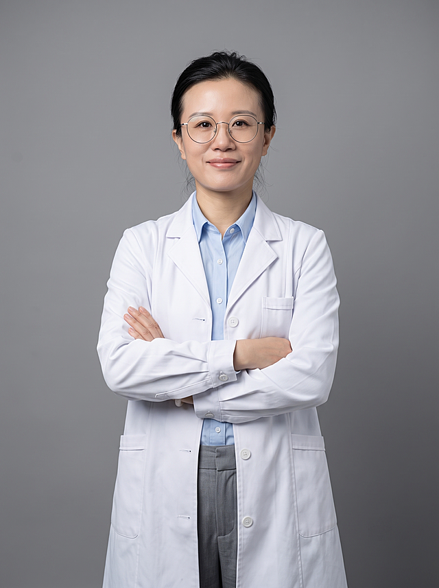 参考图中保留人物脸型、发型、年龄、眼镜等特征生成专业医生正面形象照,标准焦段50mm,f/4光圈(f/2.8-f/4区间),平视视角(镜头与人物视线齐平);人物占画面70%,人物居中(居中构图),位于画面中心,为视觉聚焦点,入境范围头部及以下至臀部下方10cm(半身像);左右留少量背景空间;头部与画面顶部保留5%空间;头部发型完整,头肩比例协调,人物结构准确;身穿整洁白色白大褂,(面料挺括,版型合身,呈现细腻微微哑光质感);内搭浅蓝色高支精梳棉衬衫;下装浅灰色医护西裤;着装正式干练;专业仁心、沉稳可靠、安全感十足、温和严谨;身形匀称,姿态端正,身体挺拔。呈双手抱胸的自然站姿，肢体放松且自信;佩戴细框眼镜;发质微微柔顺，微微蓬松。简约微微中度灰色纯色背景(呈现均匀柔和质感),背景光线均匀柔和,强化色彩对比的高级感。极简干净;画质超高分辨率、细节清晰,现代精致感风格;肤质精细化处理;眼神直视镜头,目光坚定且澄澈,表情自然。嘴角上扬;清透自然裸妆(轻薄底妆+淡唇妆)妆感轻薄轻透裸肌感,通透感肤质,肤质自然细腻,肤色健康均匀,雾面柔光裸肌感,保留真实皮肤细节。正面柔光补光,4800K中性光,面部光比1:1.5,色调明亮。中近景写实摄影,对焦清晰,高清保留皮肤细节。分辨率4K,去除人物之外的所有元素,去除耳环、手镯、领夹麦等配饰。严格按照图片内容生成。画面比例3:4