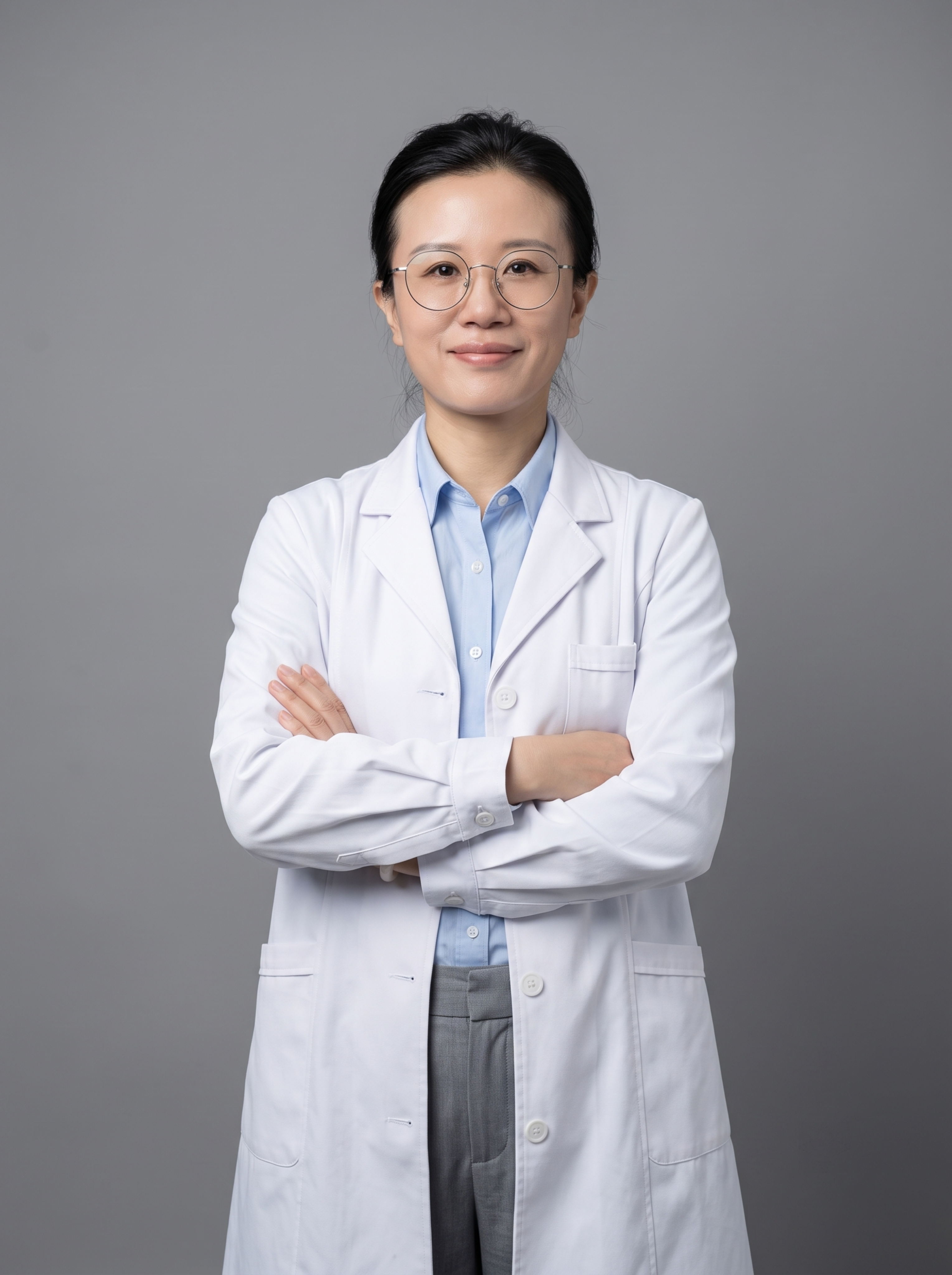 参考图中保留人物脸型、发型、年龄、眼镜等特征生成专业医生正面形… - 图片创意预览