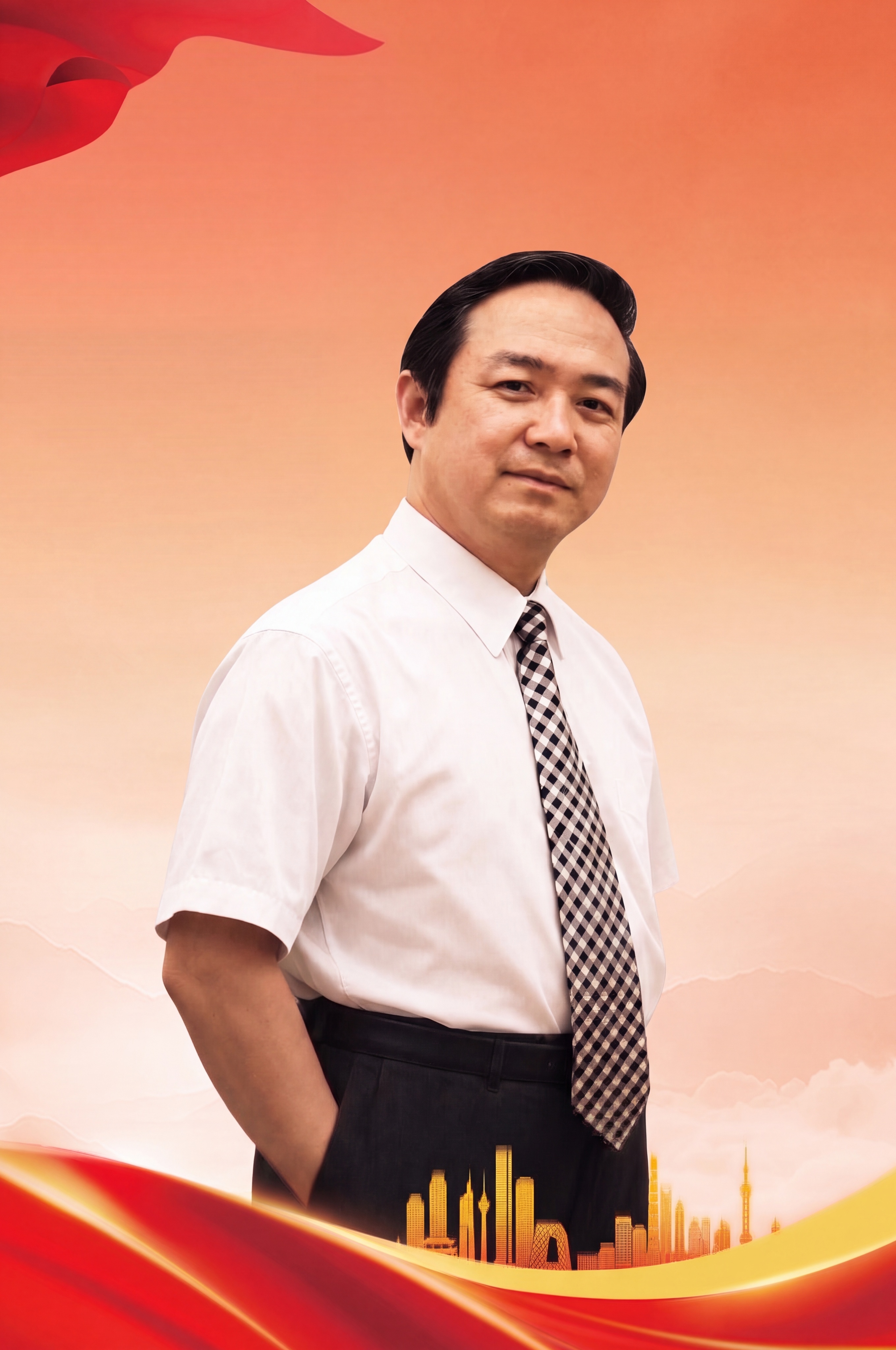 参考第一张图中的中年男性人物，保留其面部特征、发型、年龄、白色… - 图片创意预览