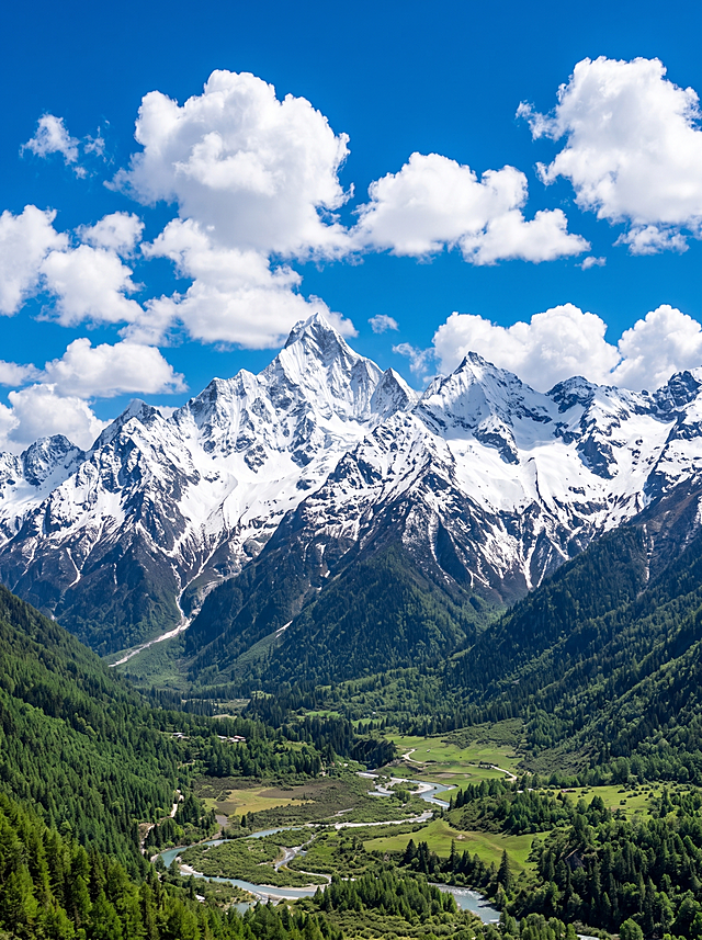 写实风光摄影，川西四姑娘山雪山群峰，洁白积雪覆盖尖锐山峰，澄澈蓝天搭配蓬松白云，山脚翠绿森林山谷，明亮晴朗日光；清新通透高原蓝天色调，高清户外旅拍，8K