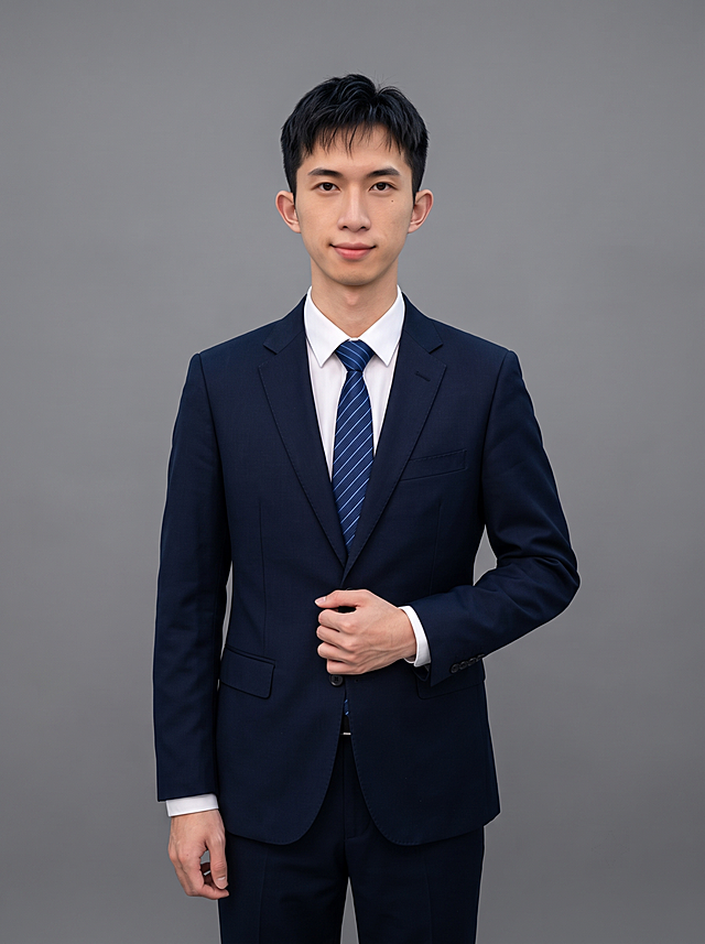 参考图中保留人物脸型、发型、年龄等特征生成职场形象照,标准焦段50mm,f/4光圈(f/2.8-f/4区间),平视视角(镜头与人物视线齐平);人物占画面70%,人物居中(居中构图),位于画面中心,为视觉聚焦点,全身照,展现人物完整身形;左右留少量背景空间;头部与画面顶部保留5%空间;头部发型完整,头肩比例协调,人物结构准确;身穿深藏青色精纺羊毛混纺西装外套,(平驳领设计,面料呈细腻微微哑光质感);内搭白色高支精梳棉衬衫,搭配深蓝色条纹领带;下装深藏青色精纺羊毛混纺西裤;着装正式干练;专业稳重、从容自信;身形匀称,姿态端正,身体挺拔。呈自然站姿，右手轻握西装前襟，肢体放松且自信;发梢微微修整,干练大气,主体锐利。简约微微中度灰色纯色背景(呈现均匀柔和质感),背景光线均匀柔和,强化色彩对比的高级感。极简干净;画质超高分辨率、细节清晰,现代精致感风格;肤质精细化处理;眼神直视镜头,目光坚定且澄澈,表情自然。嘴角微微上扬;肤质自然细腻,肤色健康均匀,皮肤状态清爽干净,保留真实皮肤细节。正面柔光补光,4800K中性光,面部光比1:1.5。中近景写实摄影,对焦清晰,面部雾面柔光,轻透裸肌感,高清保留皮肤细节。分辨率4K,去除人物之外的所有元素。严格按照图片内容生成。画面比例3:4