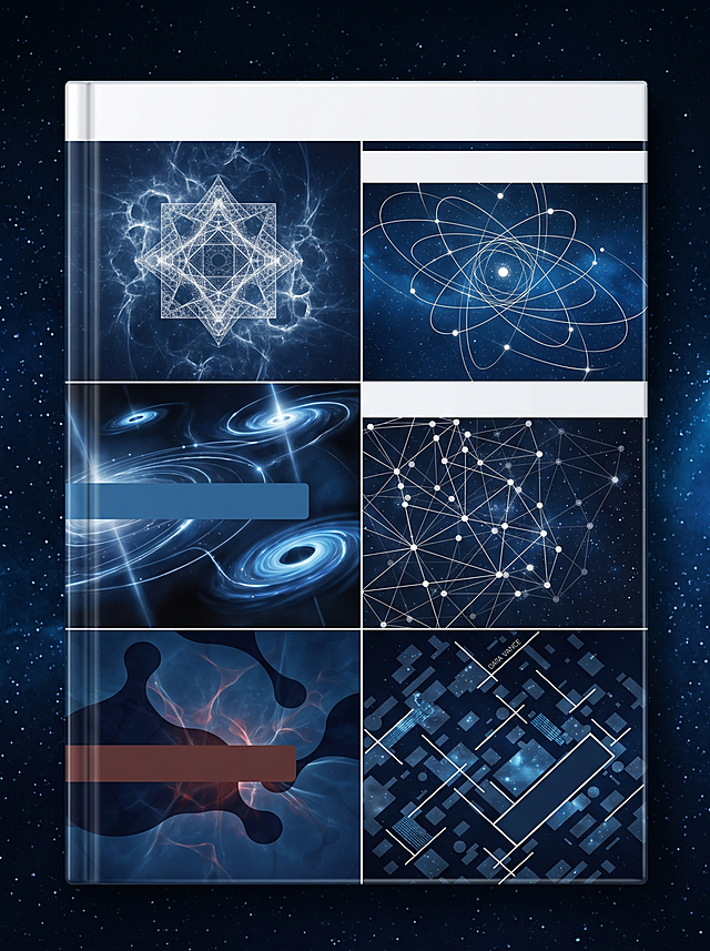 科幻小说封面，参考图1分子分子式科技风格，深蓝色调科幻背景，白色星际轨道分子式线条，宇宙星空科技感封面，极简科技书籍封面设计，保留图1的排版结构，文字区域留白，主标题位置空白，3:4