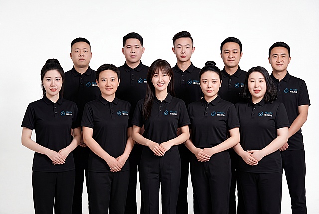 一张专业的10人团队合影照片，纯白背景，正式商务风格。共两排站立：前排5人（左到右：马尾辫女性、短发中性气质女性、C位长发女性、丸子头女性、中长发微卷女性），后排5人（左到右：寸头男性、短发男性、侧分发型年轻男性、短寸中年男性、短发男性）。所有人都穿着统一的黑色polo衫，左胸口有蓝色螺乐好房logo和文字。所有人面带专业微笑，正视镜头，姿态端正挺拔。全身照，展现完整身形。光线均匀柔和，正面补光，画质超高分辨率，细节清晰，专业商业人像摄影风格，皮肤质感自然细腻。