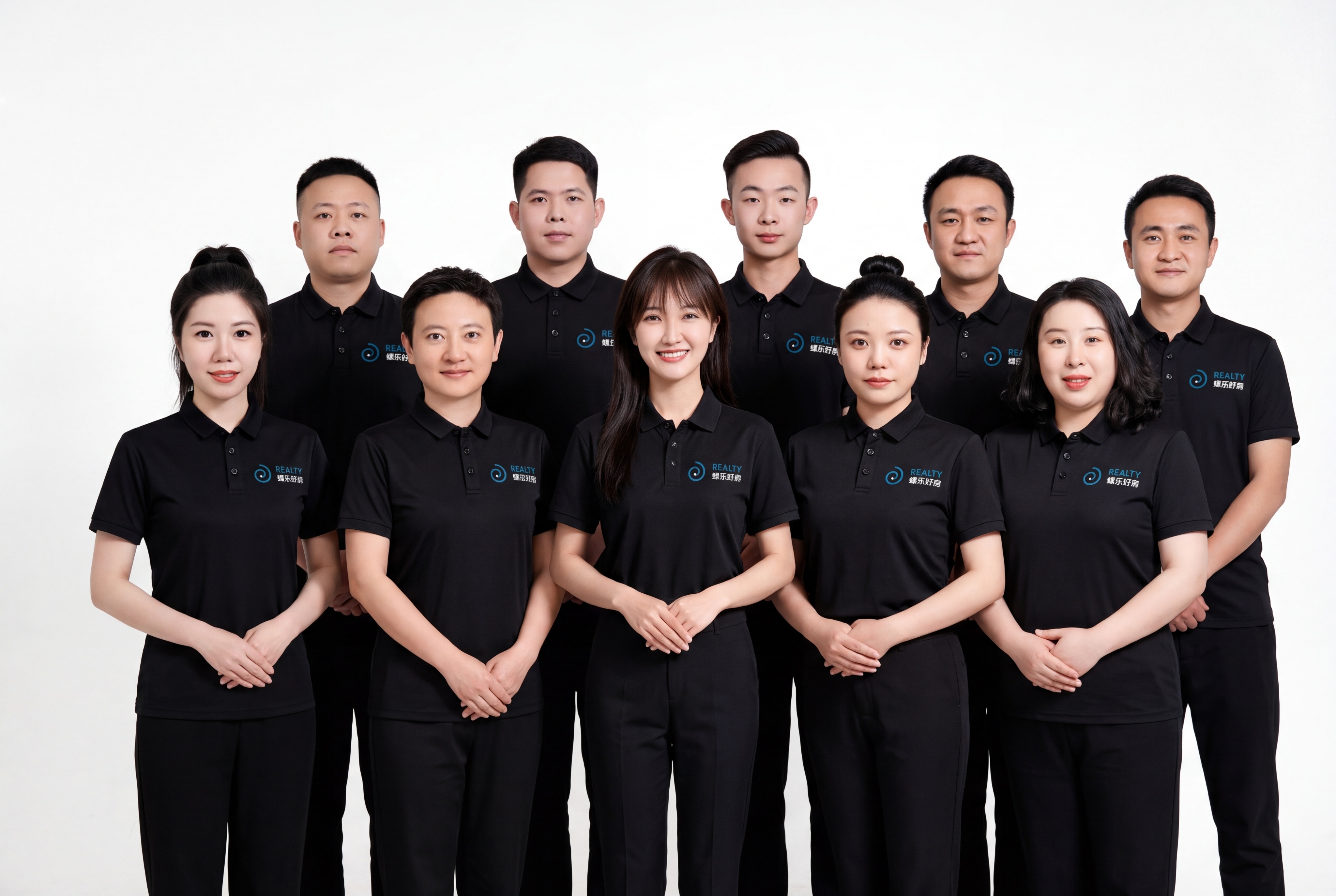 一张专业的10人团队合影照片，纯白背景，正式商务风格。共两排站… - 图片创意预览